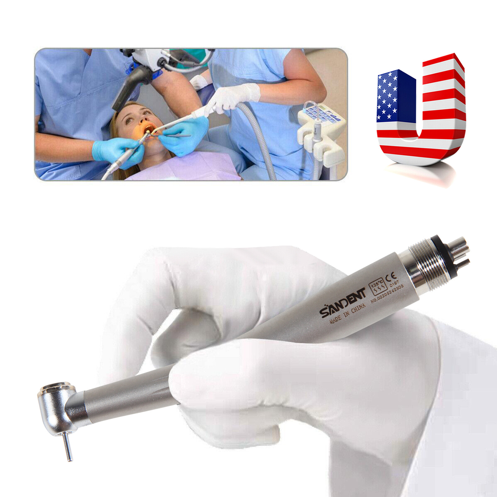 SANDENT Standard Head Dental Air Turbine High Speed Push Button Handpiece 4 Hole