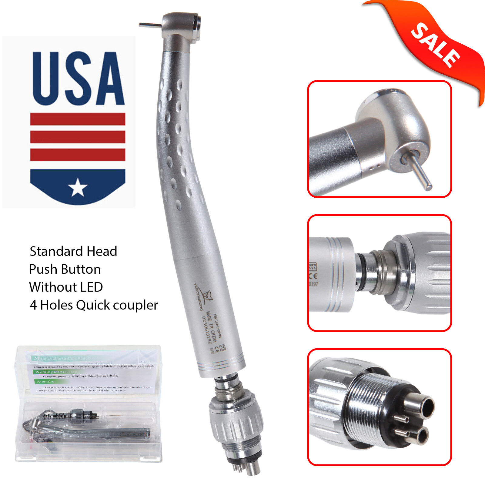 USA Dental High Speed Turbine Handpiece Standard Head w/ 4Hole Quick Coupler GB4