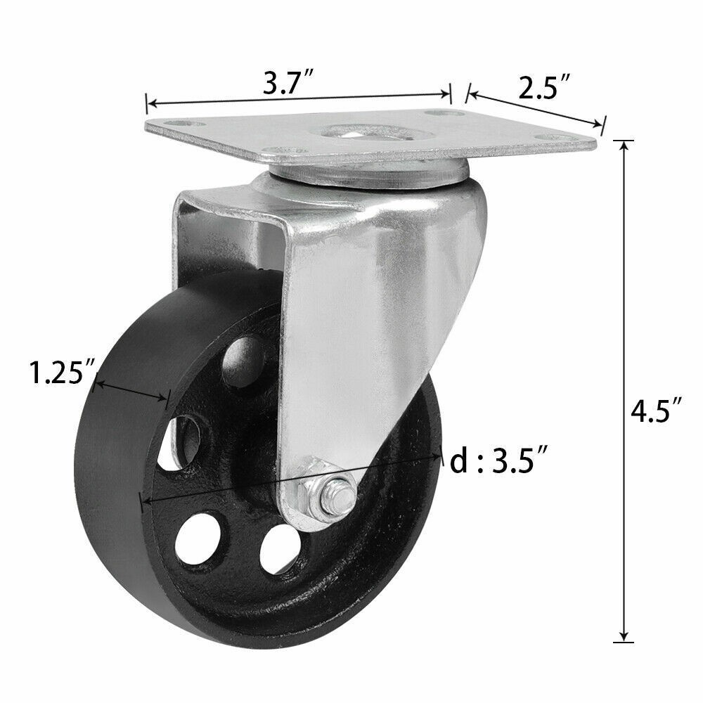 4PCS Heavy Duty Caster 3″ Cast Iron Swivel Wheels Plate Caster 1760Lb Capacity