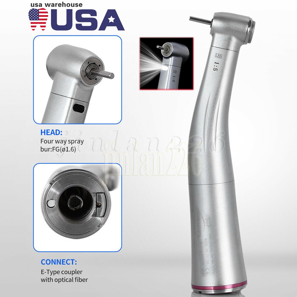 NSK Ti-MAX X95L Style Dental 1:5 LED Fiber Optic Contra Angle Handpiece Red Ring