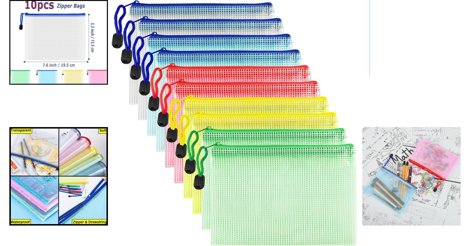 B6 Size Waterproof Mesh Pouch Set, 10 Multicolored Zipper Bags for Home & Office