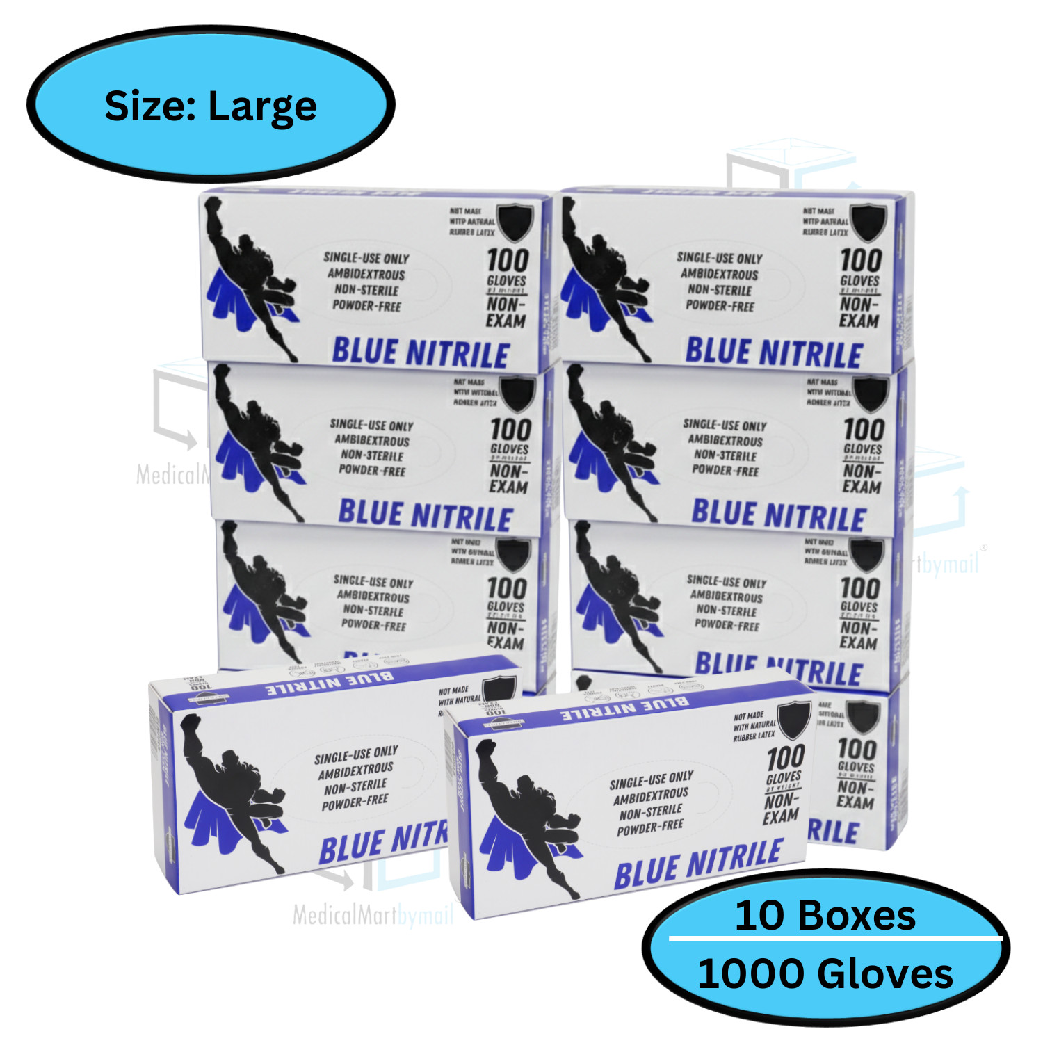 1000 Pcs, Blue Nitrile Powder-Free Disposable Gloves Large 3 MIL Finger-Textured