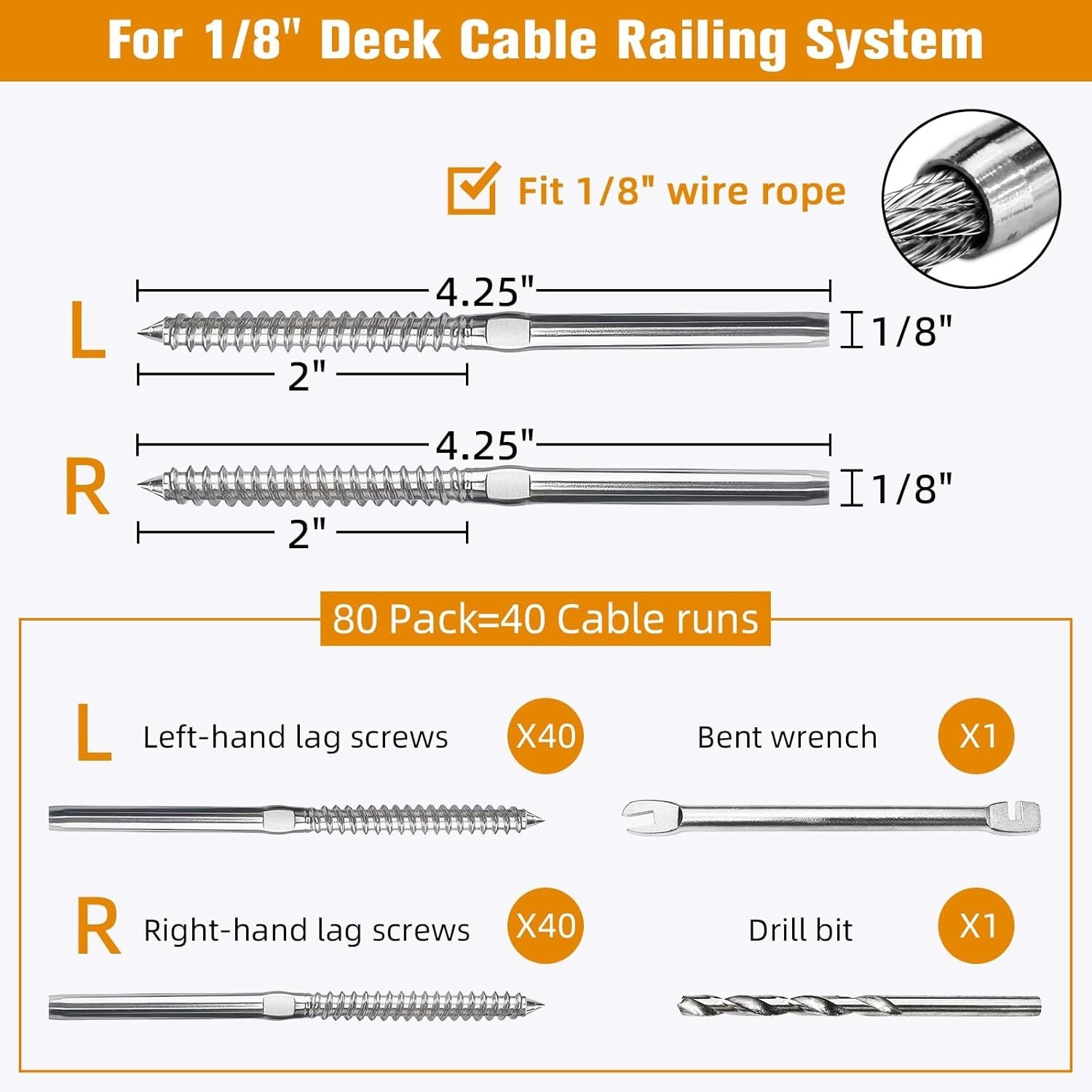 Swage Lag Screws for Cable Railing – 80 Pack T316 Stainless Steel Left and Right