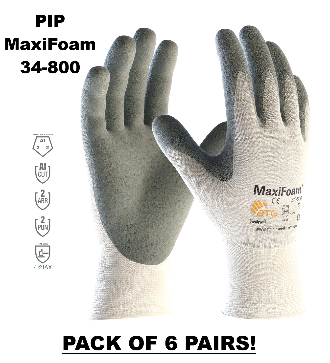 6 Pairs – PIP 34-800 MaxiFoam G-Tek Premium Nitrile Foam Coated Gloves Size: Med