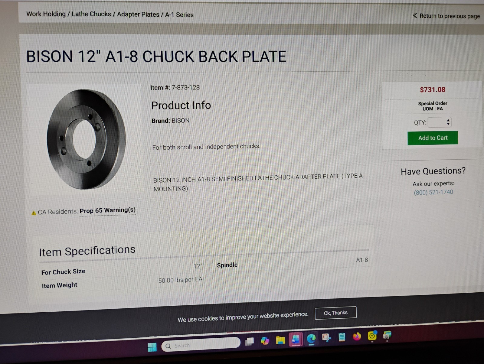8.25 Lathe Chuck 8in Adapter Back Plate A1-8 Spindle taper mount A18 3 &4 Jaw A8