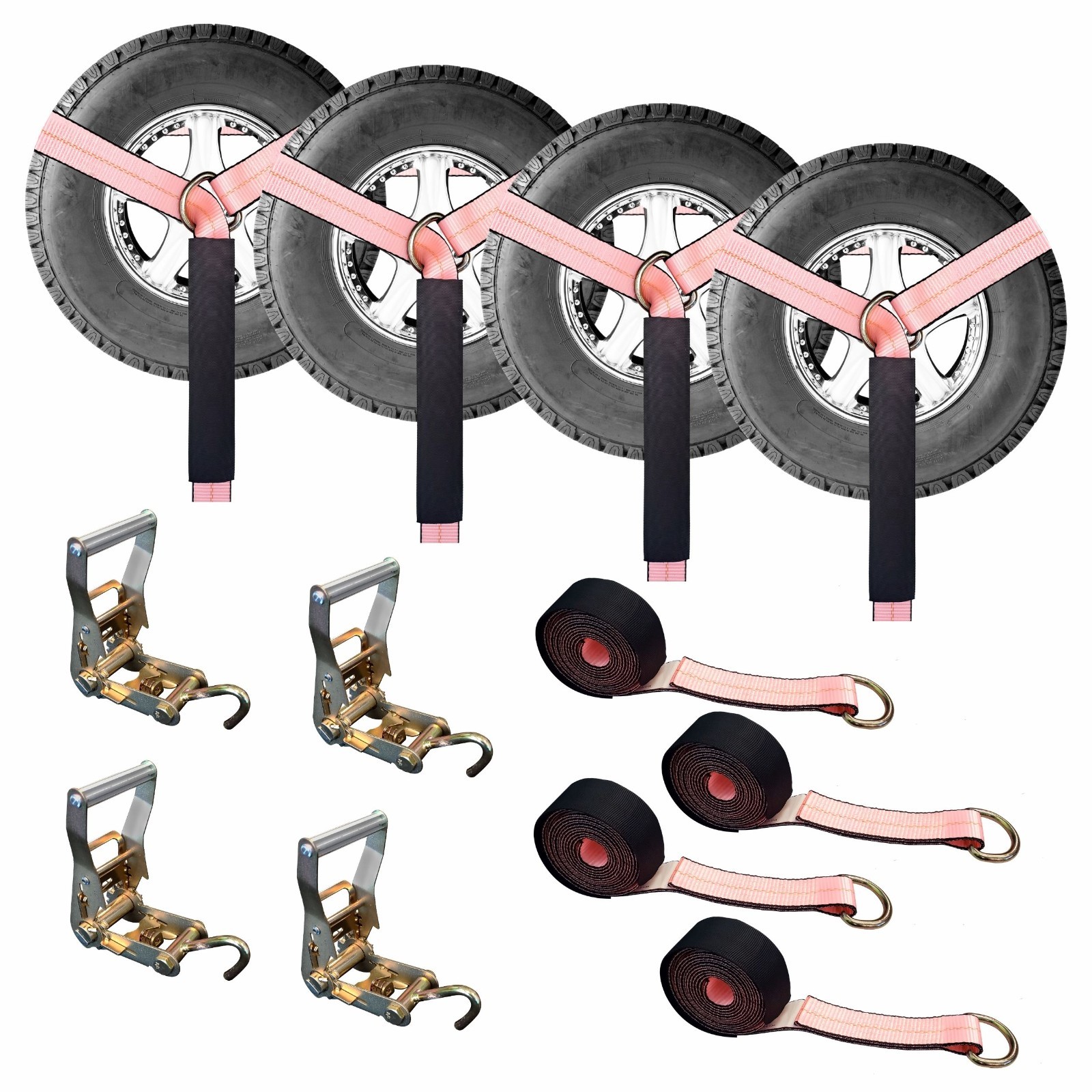 4 Sets 2″ x 10′ Ratchet w/Finger J Hook Wheel Lift Lasso Strap Tow Truck Towing