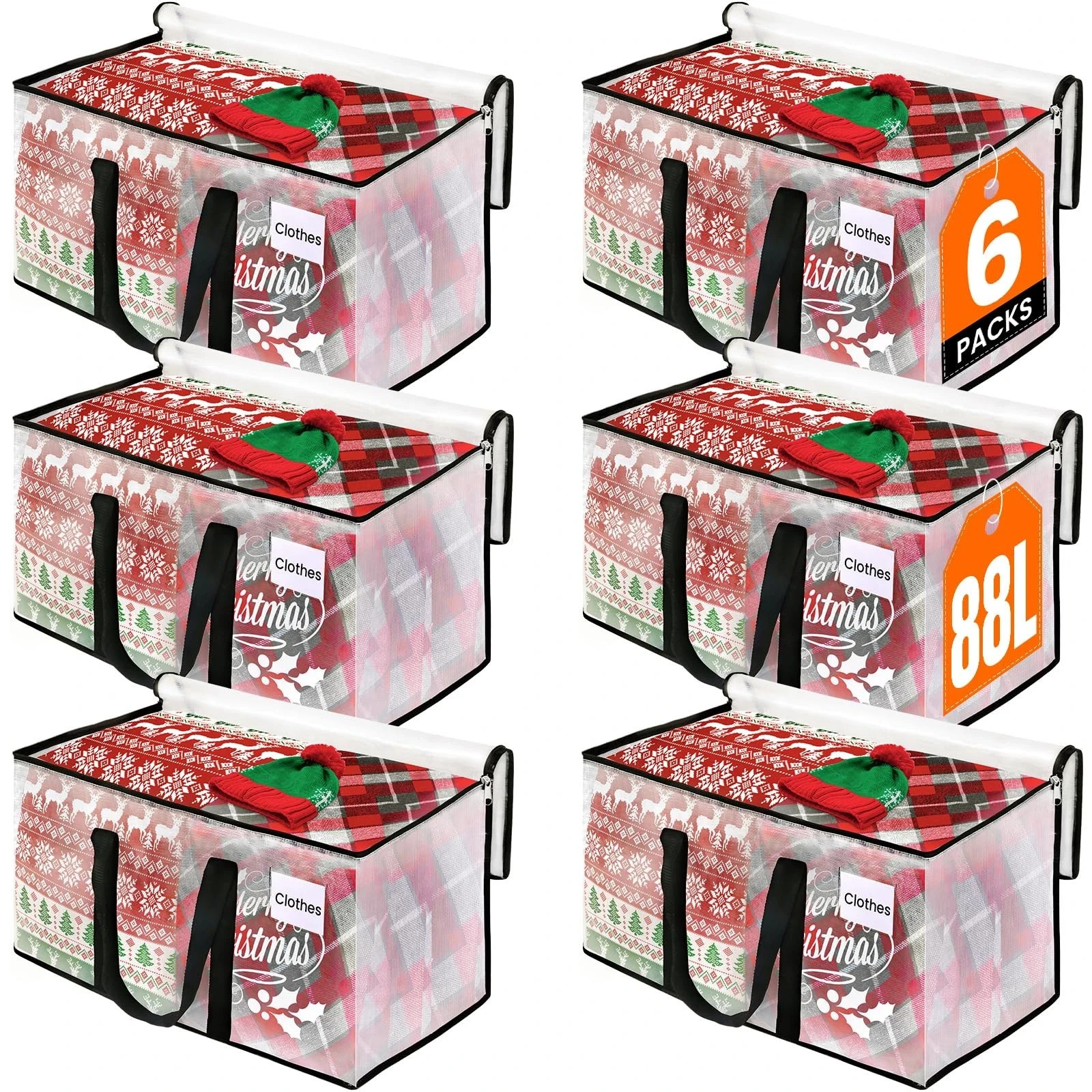 Clear Heavy Duty Moving Bags with Handles & Zippers, Large Storage Totes, 6 Pack