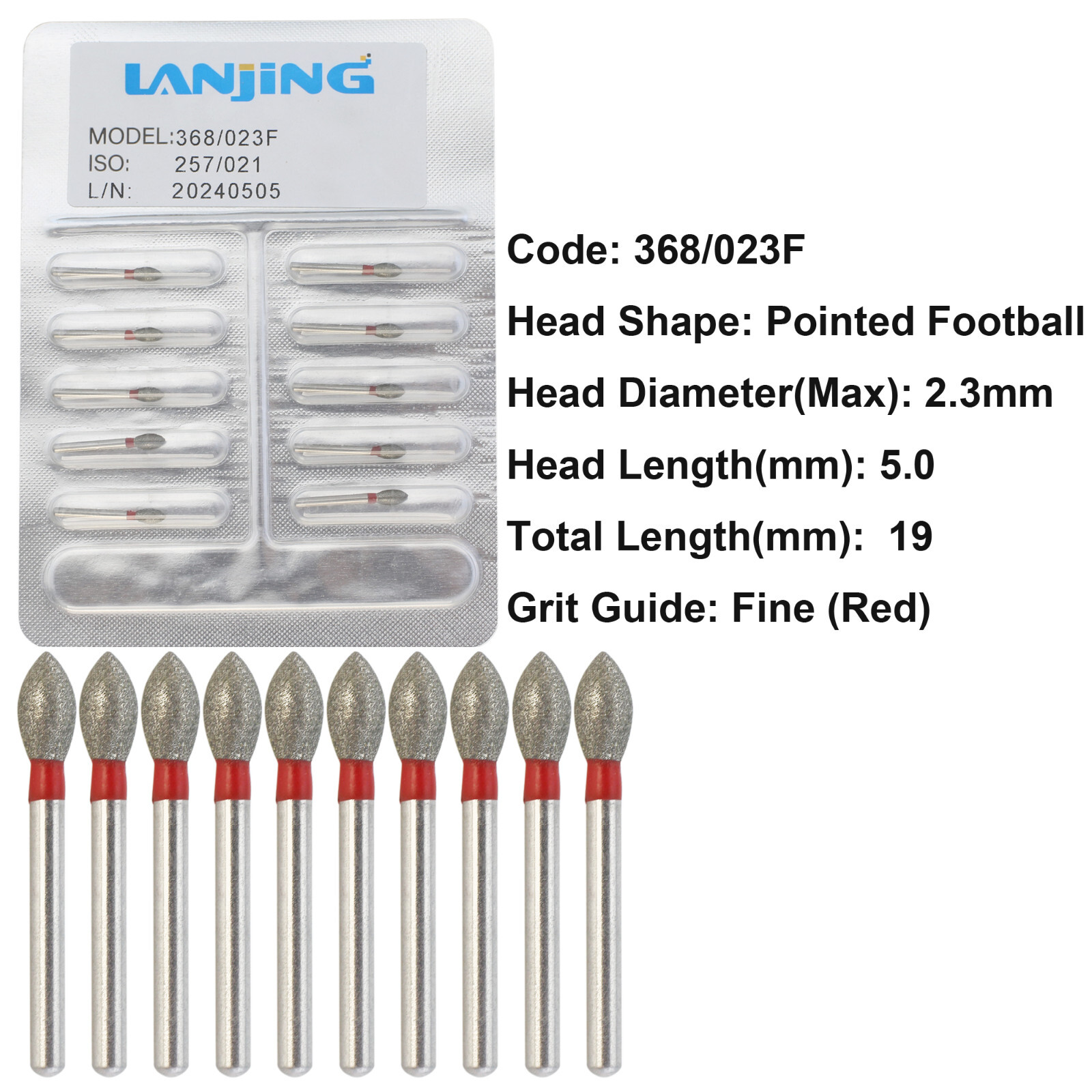 Multi-Use Dental Diamonds Football Egg Bur 368/023F Fine Grit Friction Grip FG