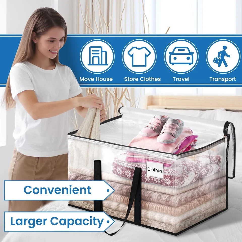 Clear Heavy Duty Moving Bags with Handles & Zippers, Large Storage Totes, 6 Pack
