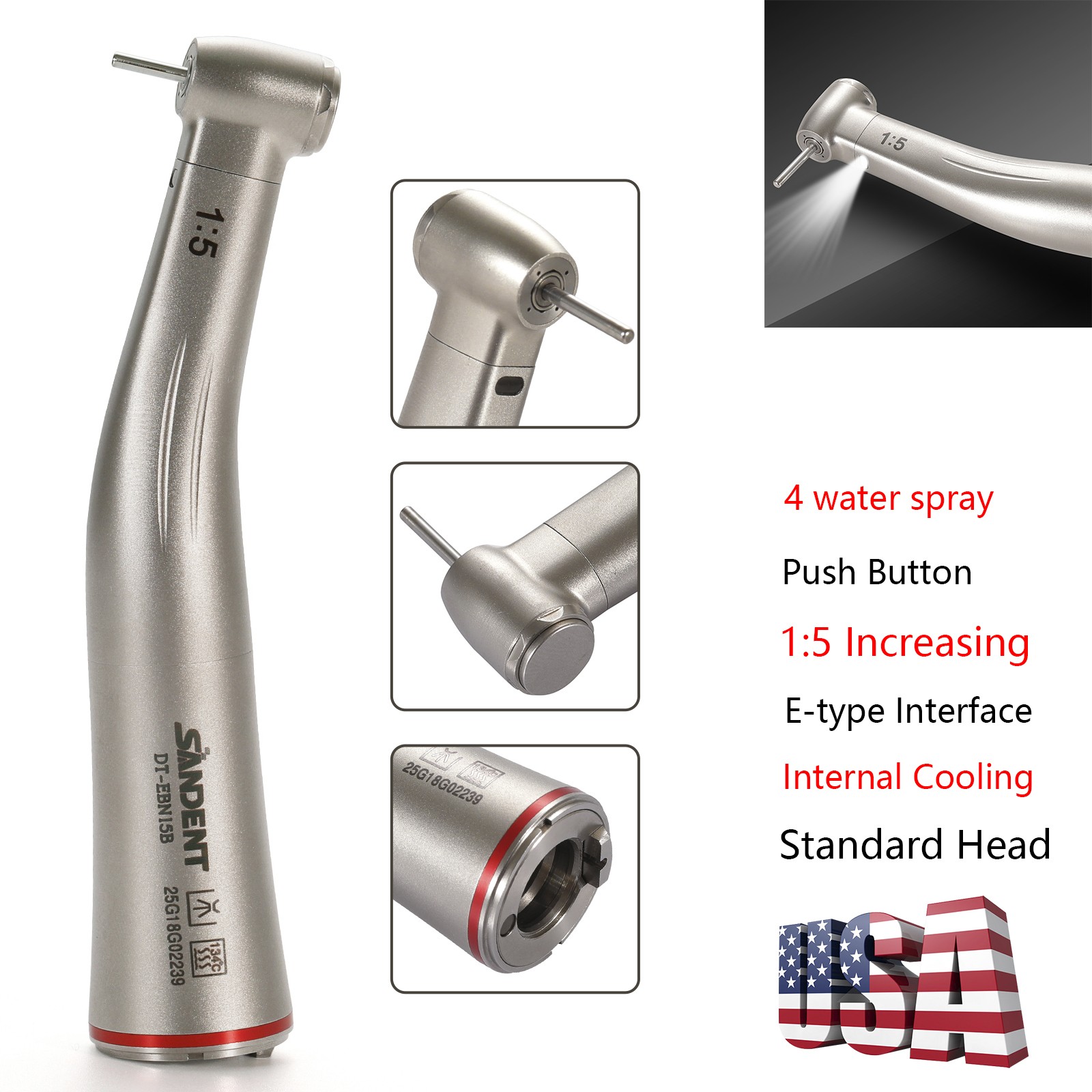 SANDENT 1:5 Increasing Fiber Optic LED Electric Contra Angle Handpiece UPS