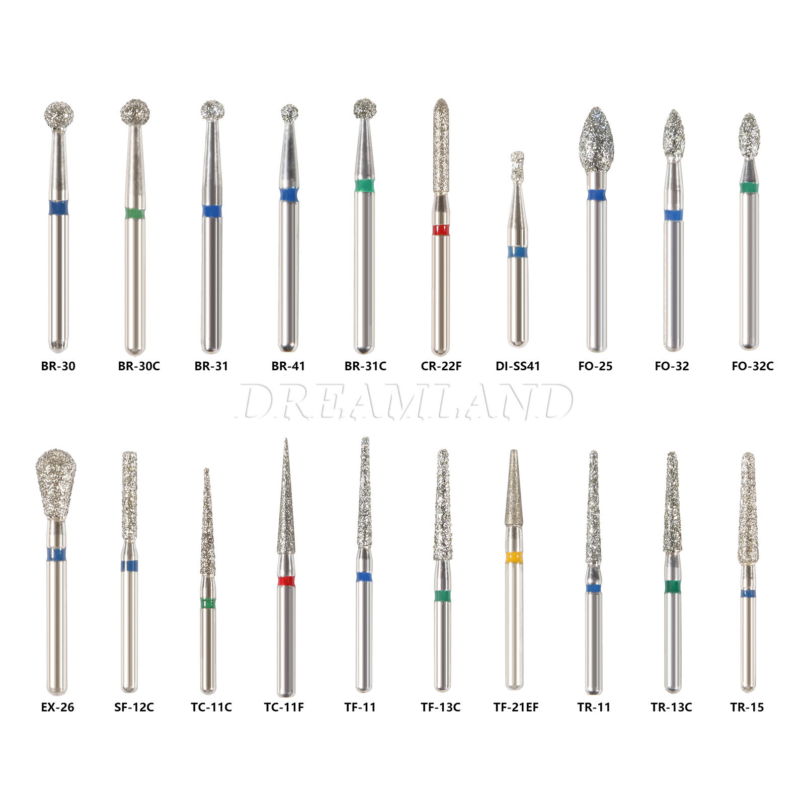 100pcs Diamond Burs Fit Dental High Speed Handpiece FG 1.6mm 20 Types