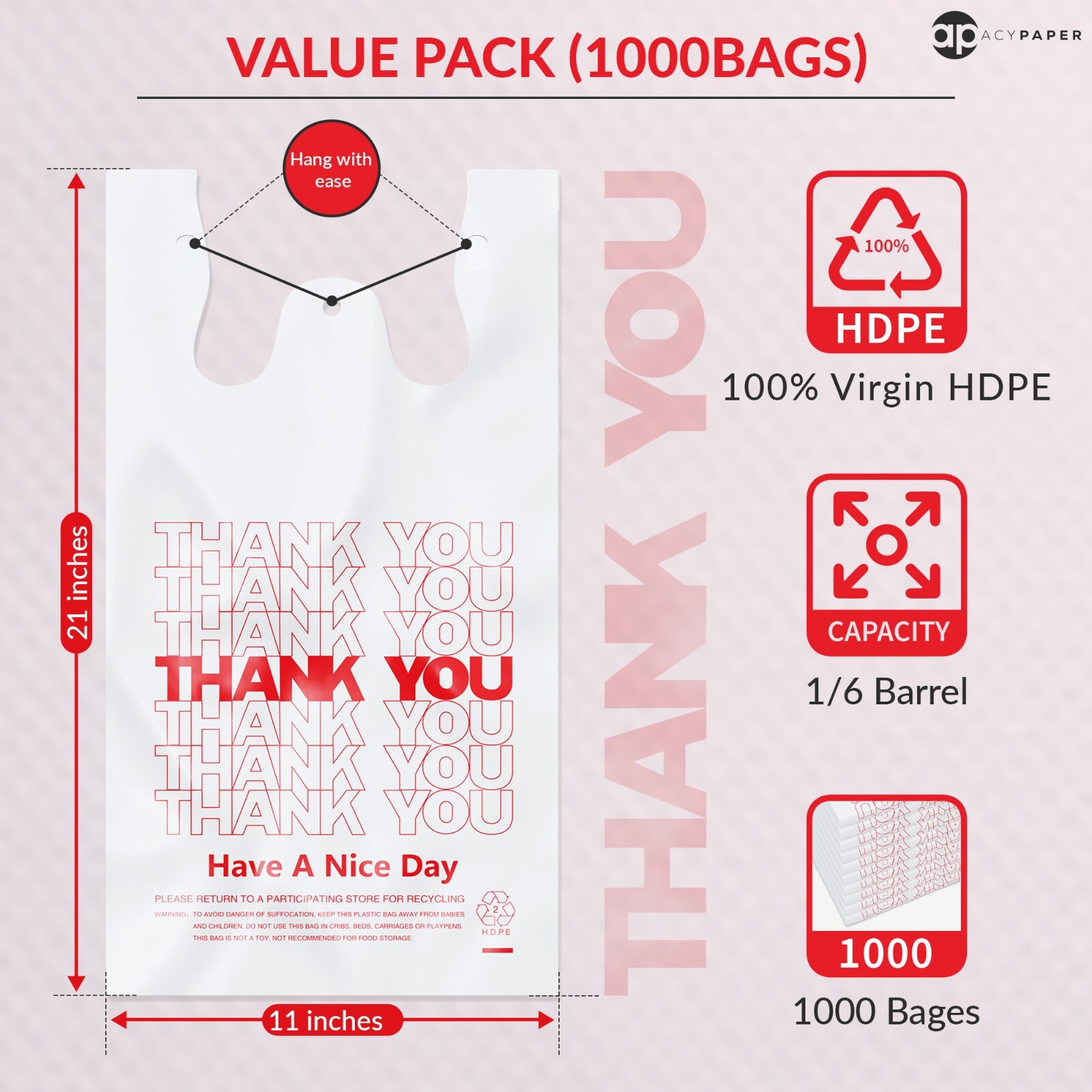 Thank You T Shirt Plastic Bags (1000/Case), 1/6 Barrel – Shopping Bags