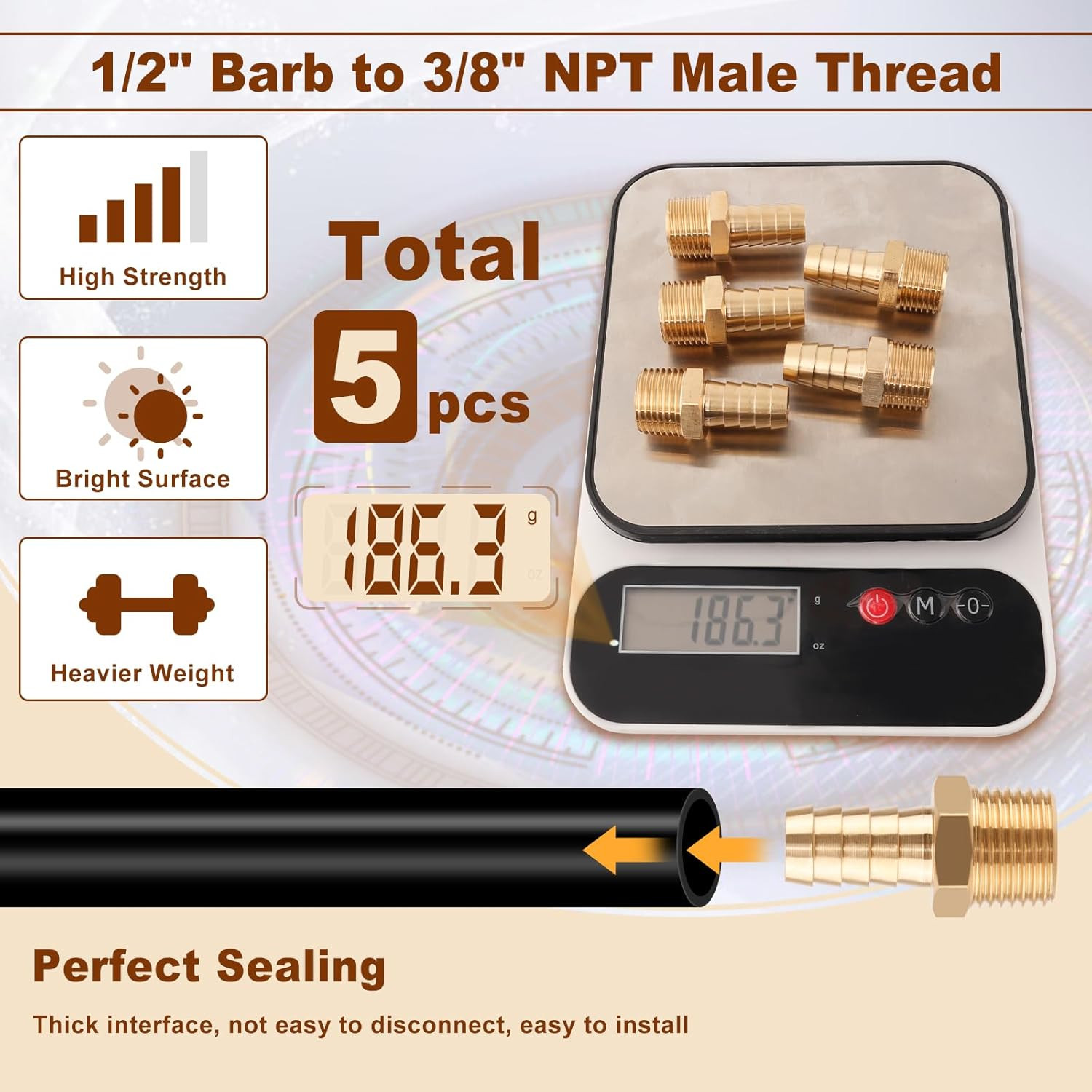 5pcs Brass Hose Barb Fittings 1/2 Inch to 1/2 Inch NPT Male Thread Adapter Conne