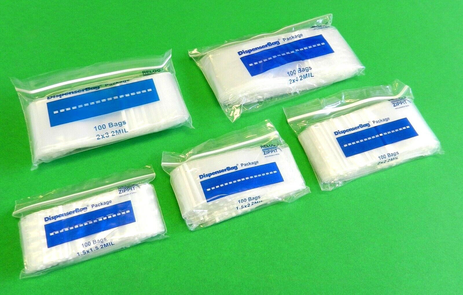 500 Zippit Bags 5 Small Assorted Sizes 100 Each Clear 2mil Reloc Zip Seal Baggie