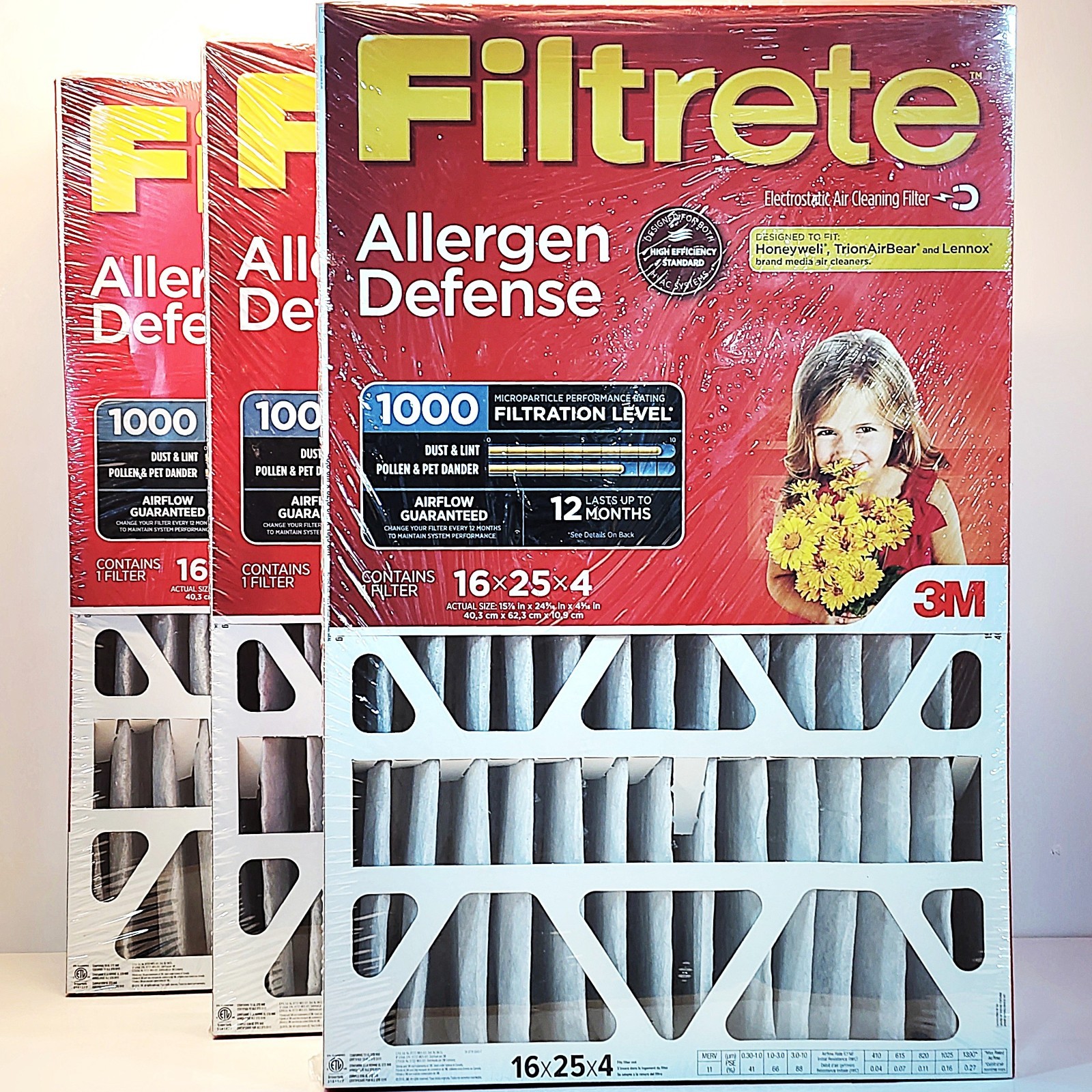 3M Filtrete 16x25x4 Air Filter, MPR 1000, MERV 11, Allergen Qty of 3