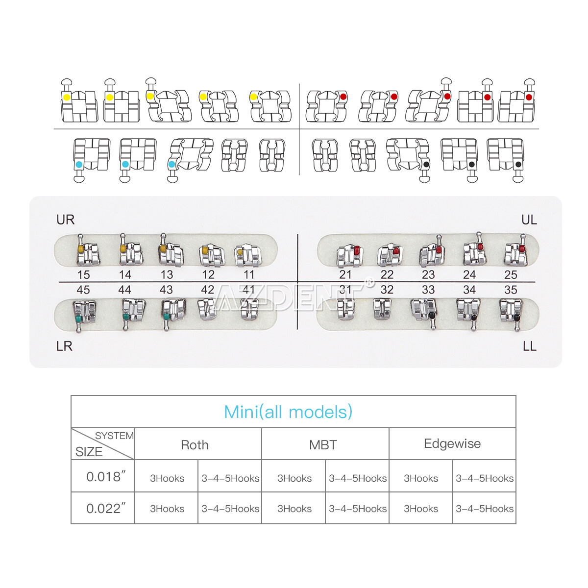 AZDENT Dental Orthodontic Brackets Braces Metal Mini Roth.022 Hooks 345