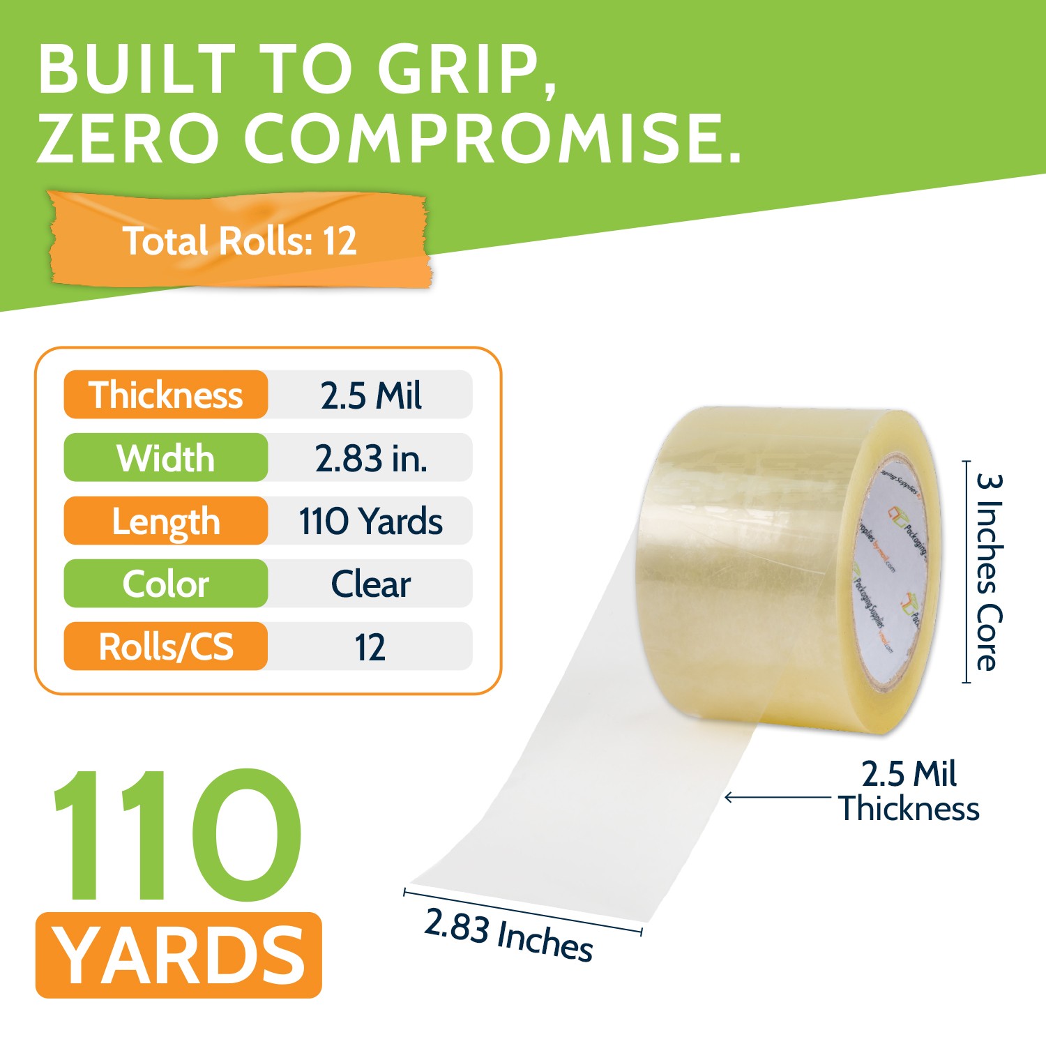 12 Pcs Clear Carton Sealing Tape 3″x 110 Yards (330 ft) 2.5 Mil Packing Box Tape