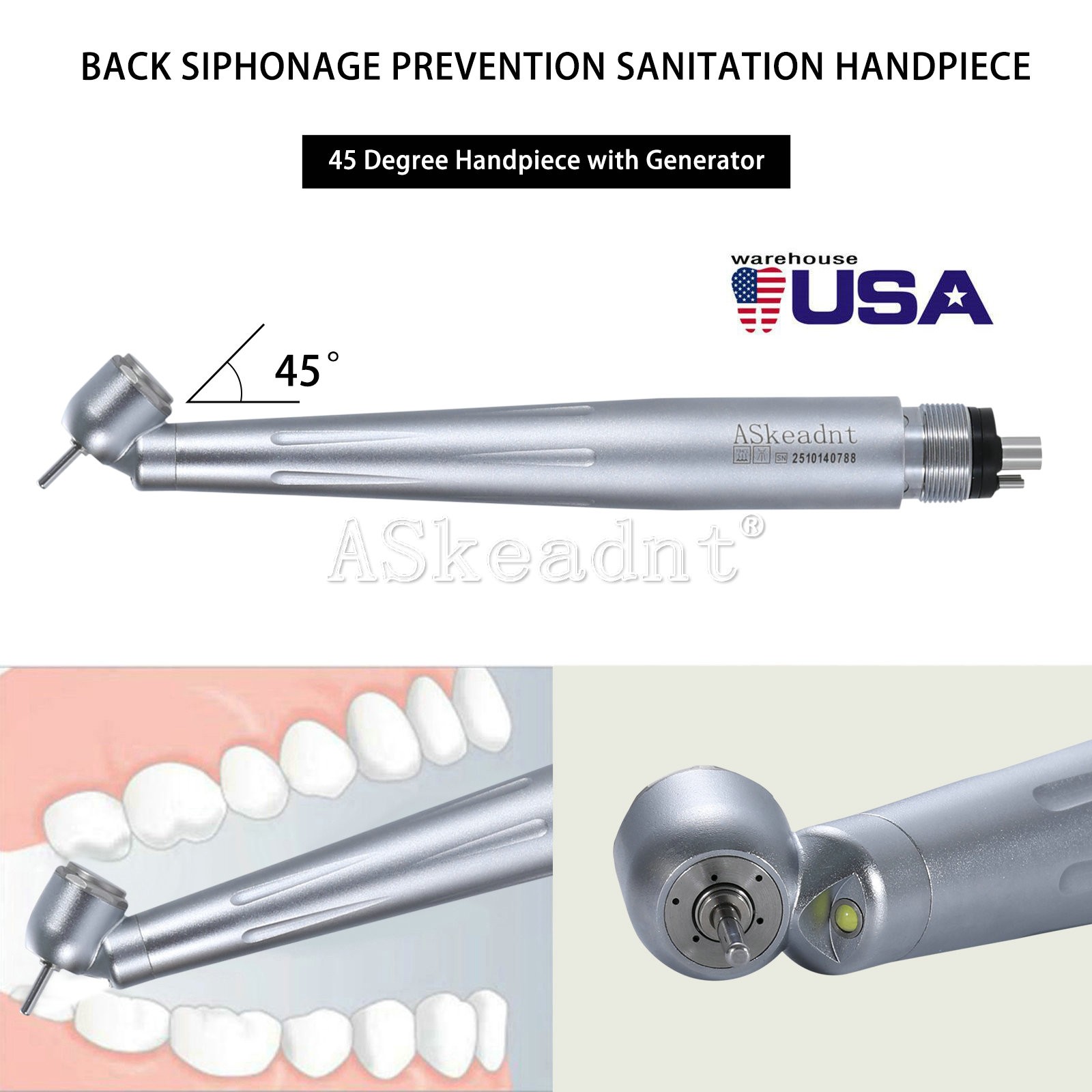 Dental 45 Degree 45° LED E-generator High Speed Handpiece 3 Spray 4 holes ASK