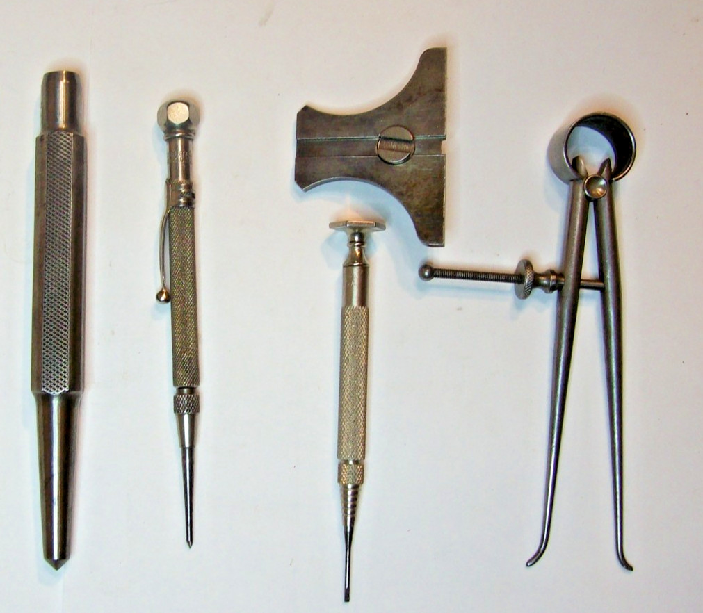 vtg L S Starrett Co. punch, pocket scribe, 4” inside calipers, 237 depth gage