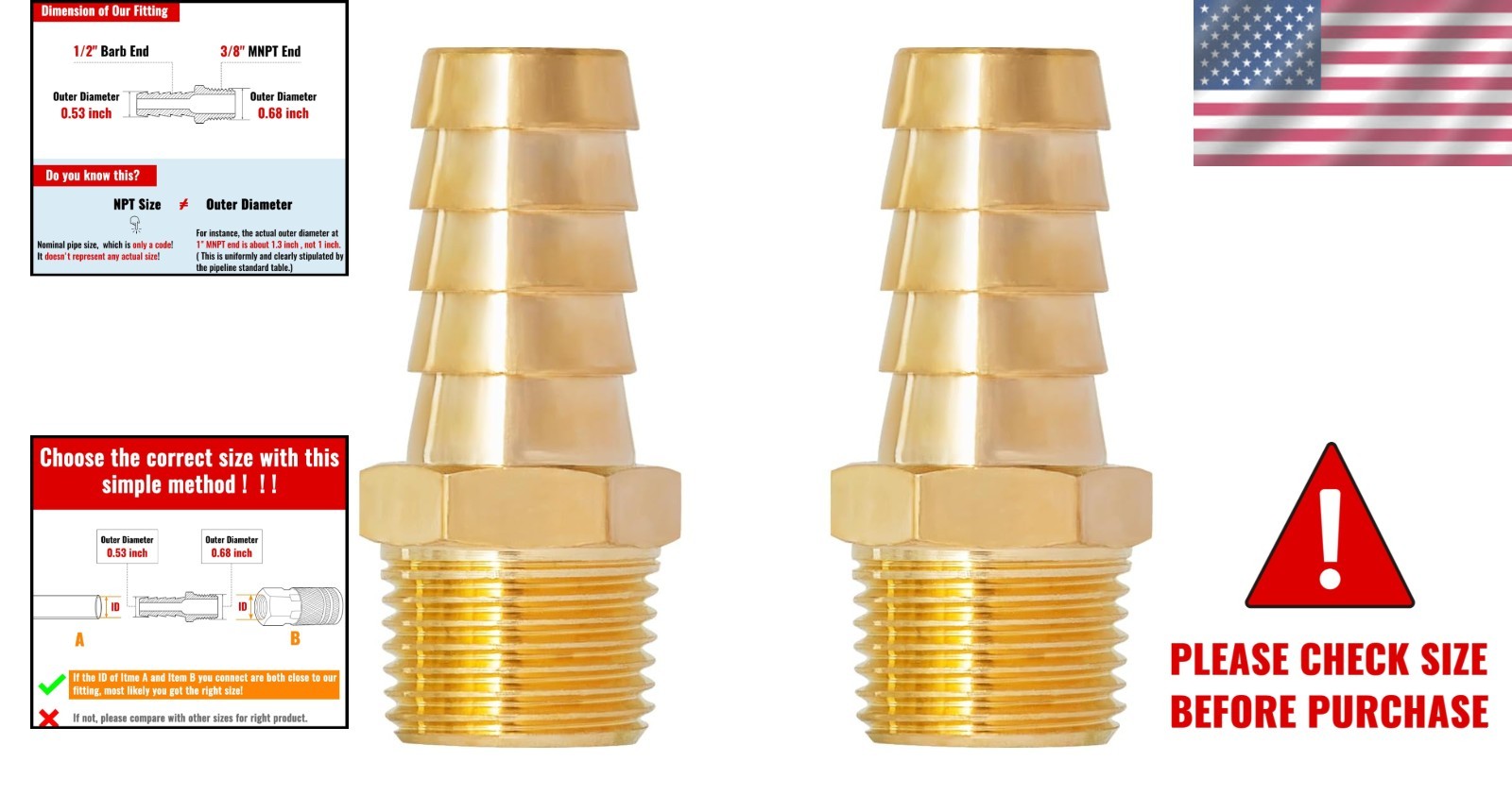 Brass Hose Barb Fittings 1/2 Inch to 3/8 Inch NPT Male Connectors Durable Air…