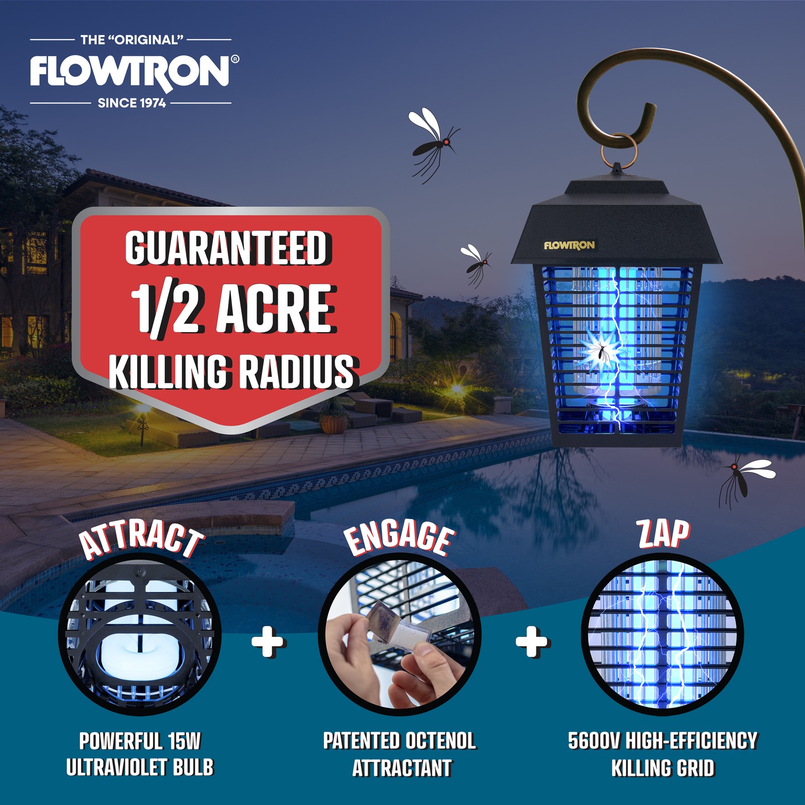 Flowtron Bug Zapper, 1/2 Acre of Coverage w/15W Bulb & 5600V Instant Killing
