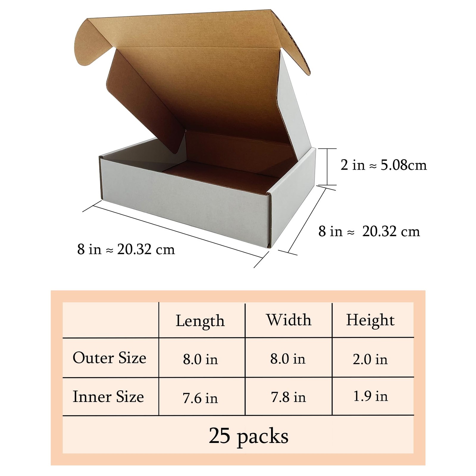 8x8x2 Inches Shipping Boxes Set of 25,White Corrugated Mailing Cardboard Box …
