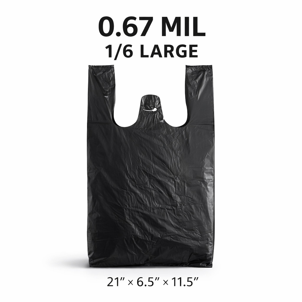 Black T-Shirt Plastic Grocery Bags 0.67 Mil 21×6.5×11.5 1/6 Large Shopping Bulk