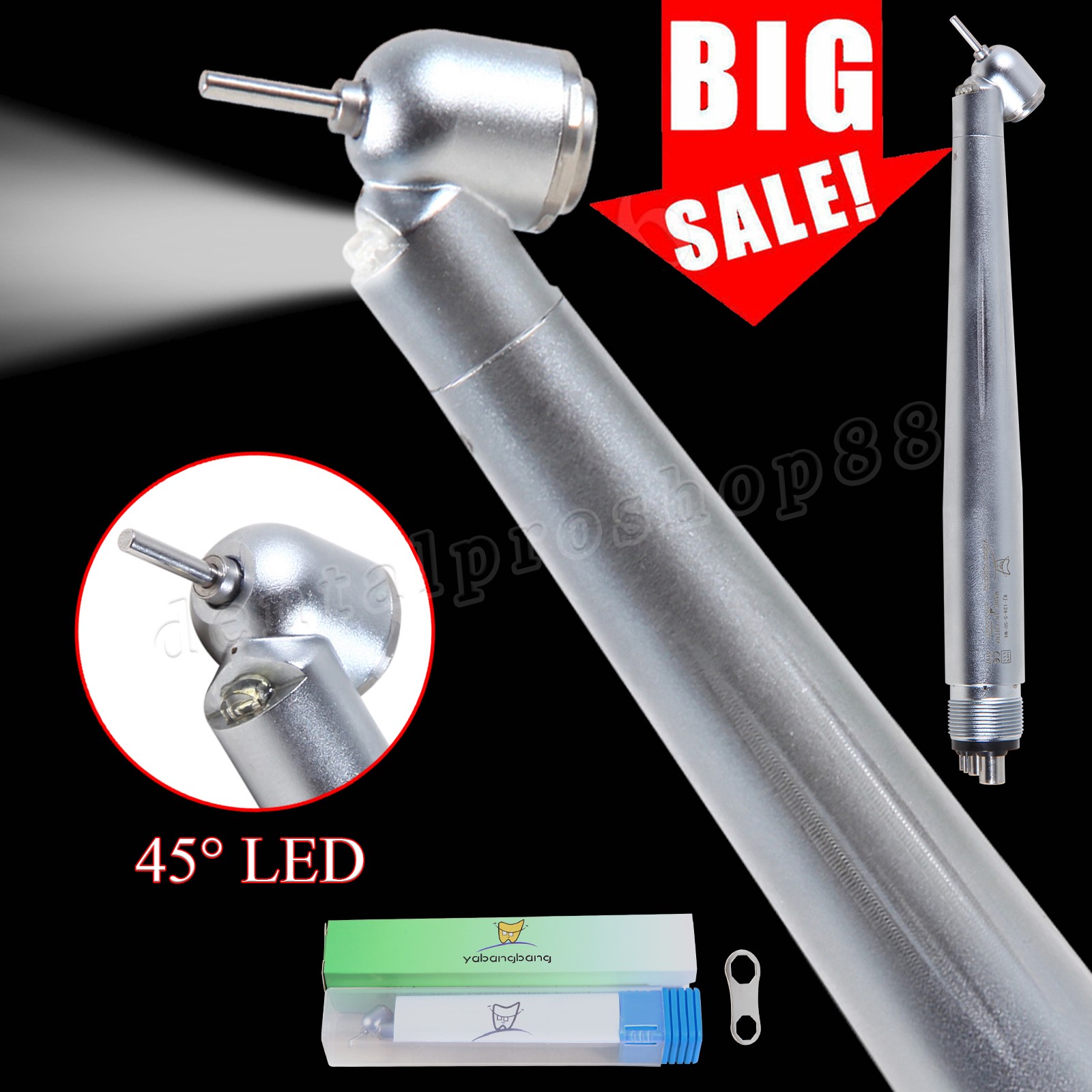 LED Dental Surgical Handpiece 45° Angle 4 Hole Midwest Rear Exhaust Impact Air