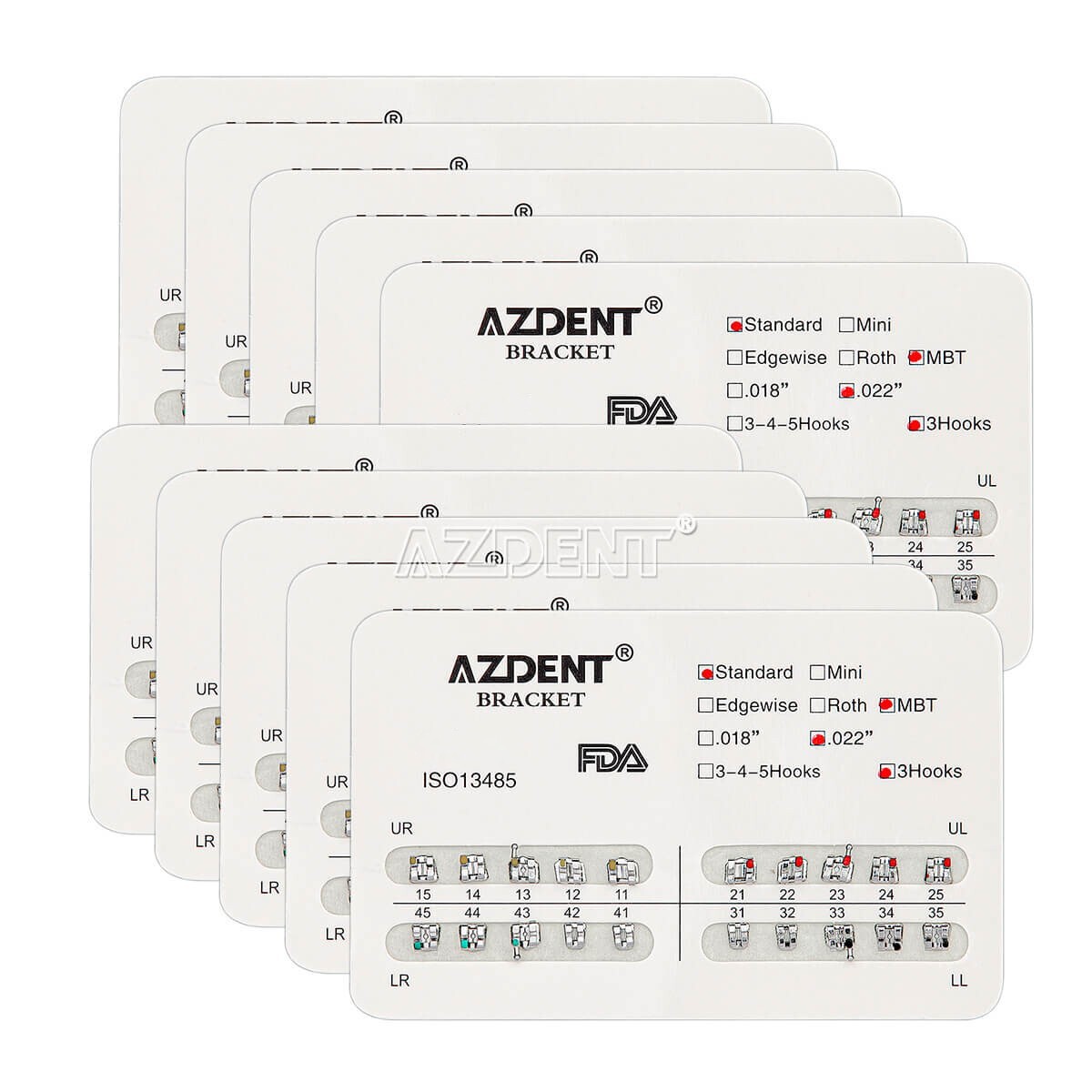 10X AZDENT Dental Orthodontic Metal Brackets Braces Standard MBT.022 Hooks 3 USA