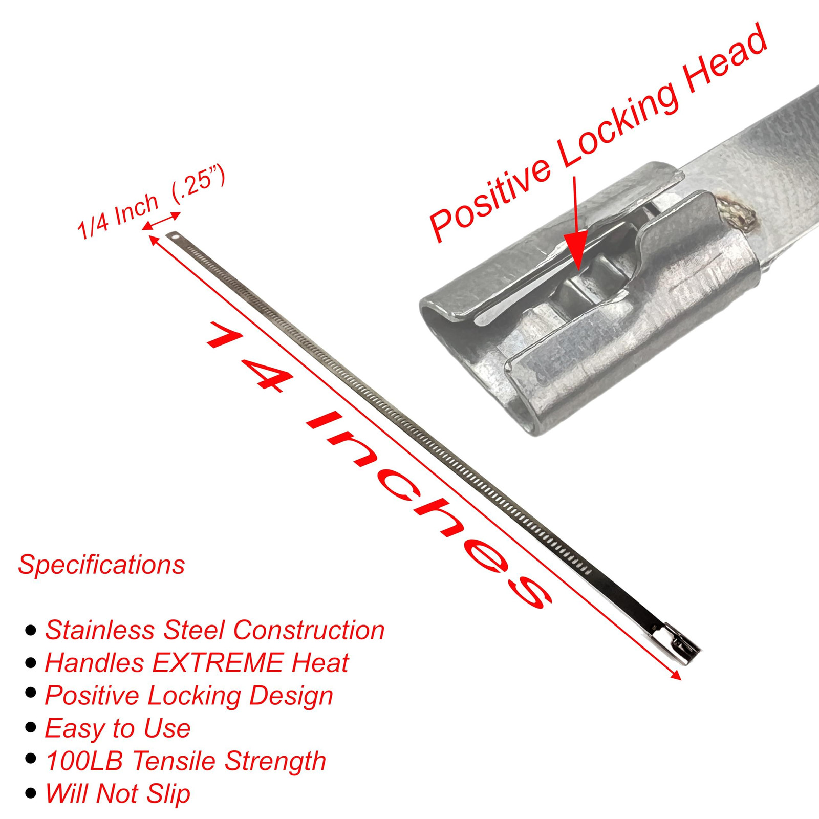 10 pack Secure 14″ long Stainless Steel Positive Locking Zip Ties Heat Silver