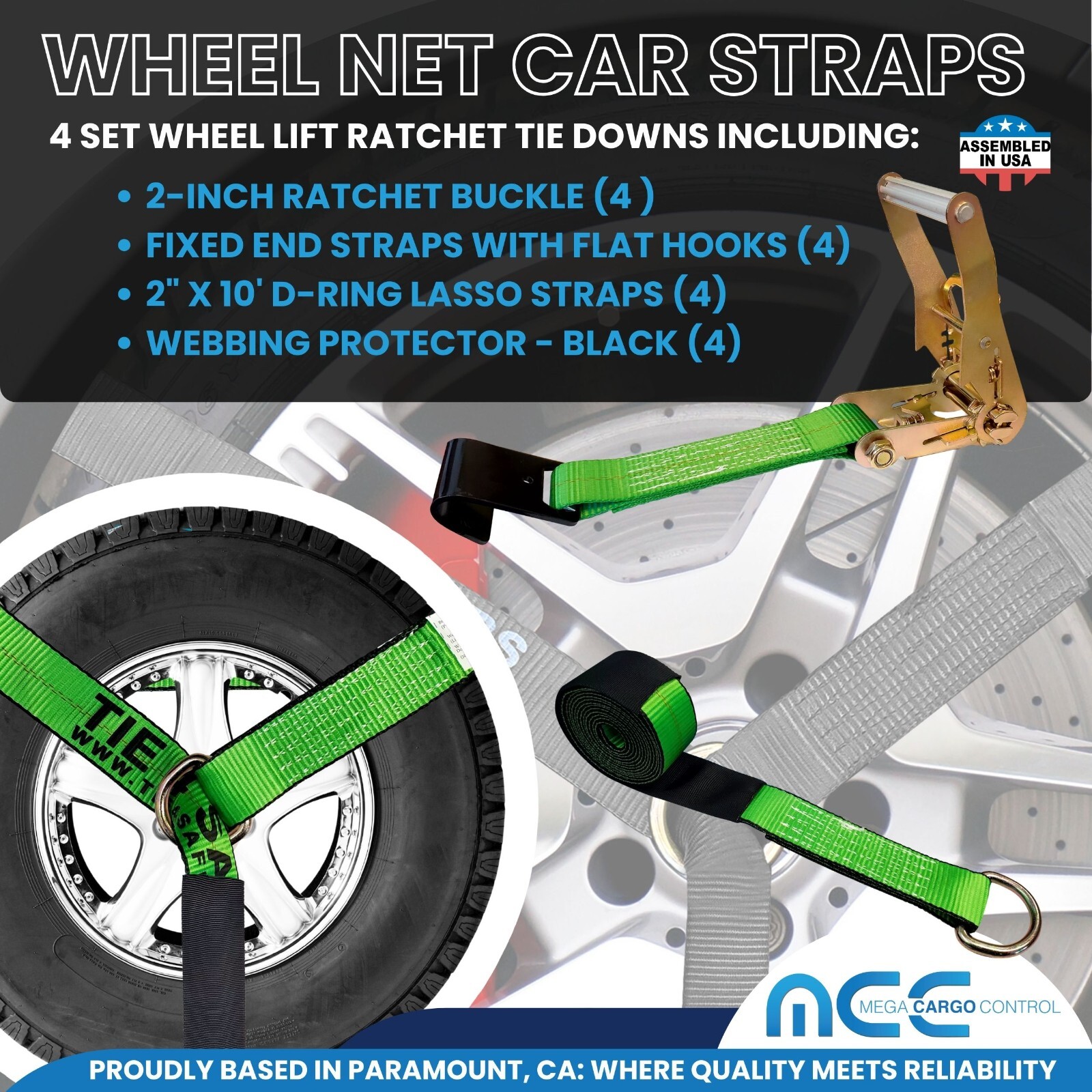 USA 4 Pack 2″ x10′ Side Mount Wheel Net Tie Down Ratchet w/Flat Hook Lasso Strap
