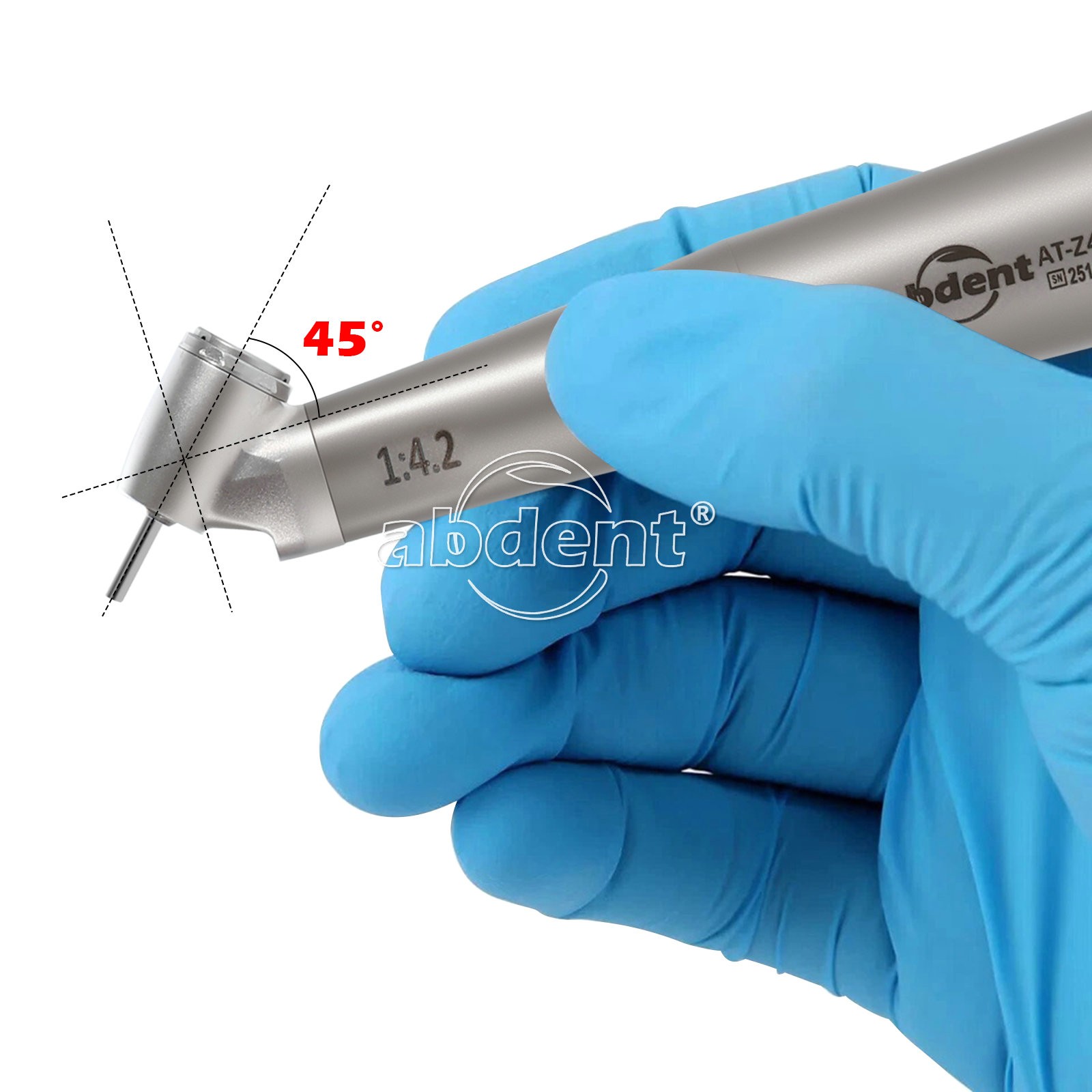 AbDent Dental 45° Contra Angle LED Optic 1:4.2 Handpiece Quattro Spray AT