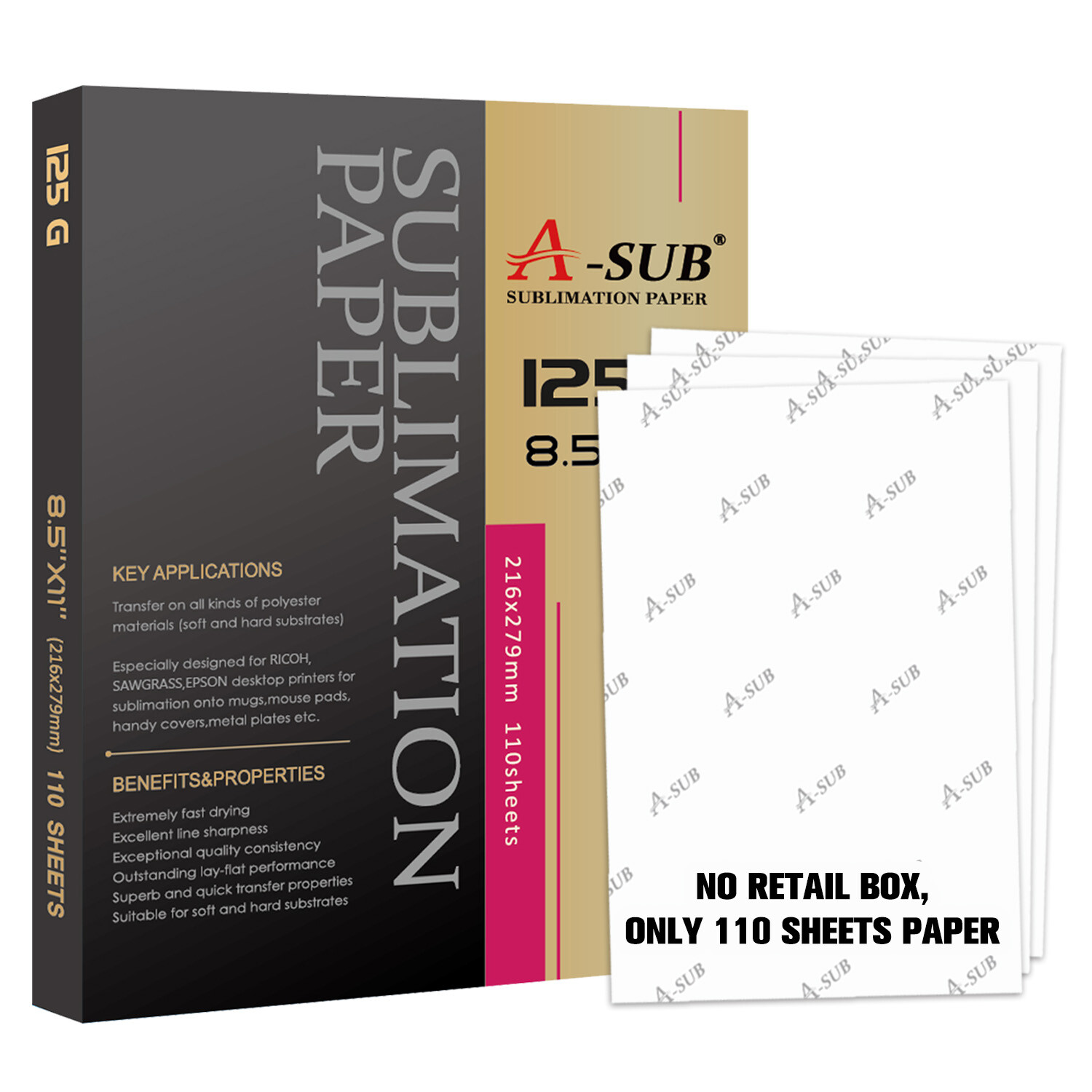 A-SUB Sublimation Paper 125g 8.5×11 110 Sheets for Inkjet Printers Heat Transfer