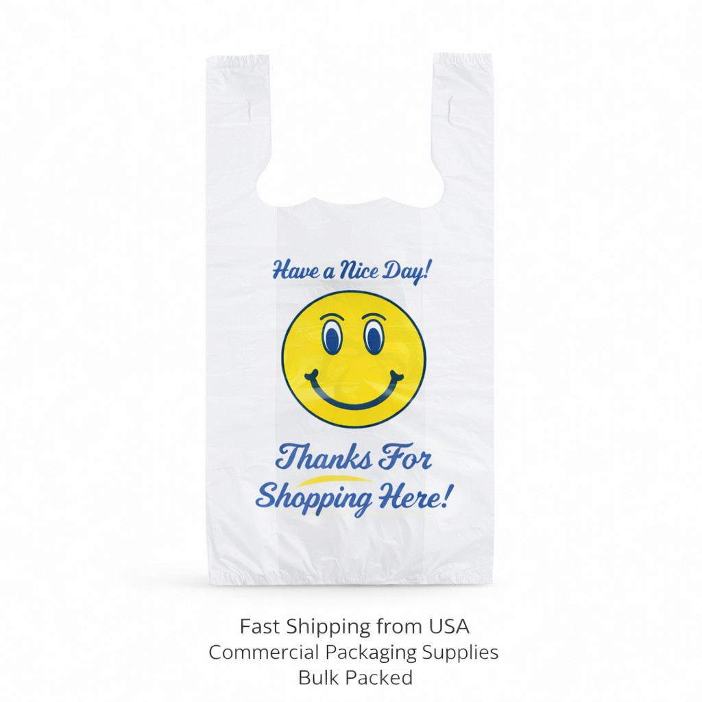 Bags Heavy Duty 1/6 21 x 6.5 x 11.5 Happy Face T-Shirt Plastic Grocery Shopping