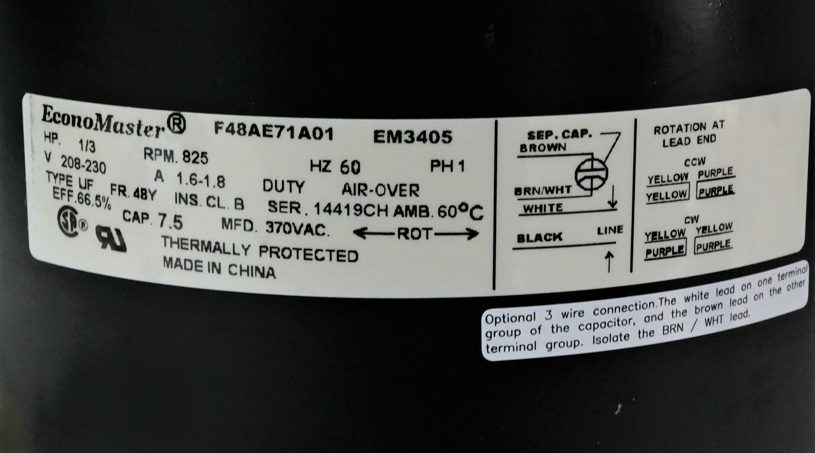 Air Conditioner Condenser Fan Motor 1/3 HP 230 Volts 825 RPM EM-3405