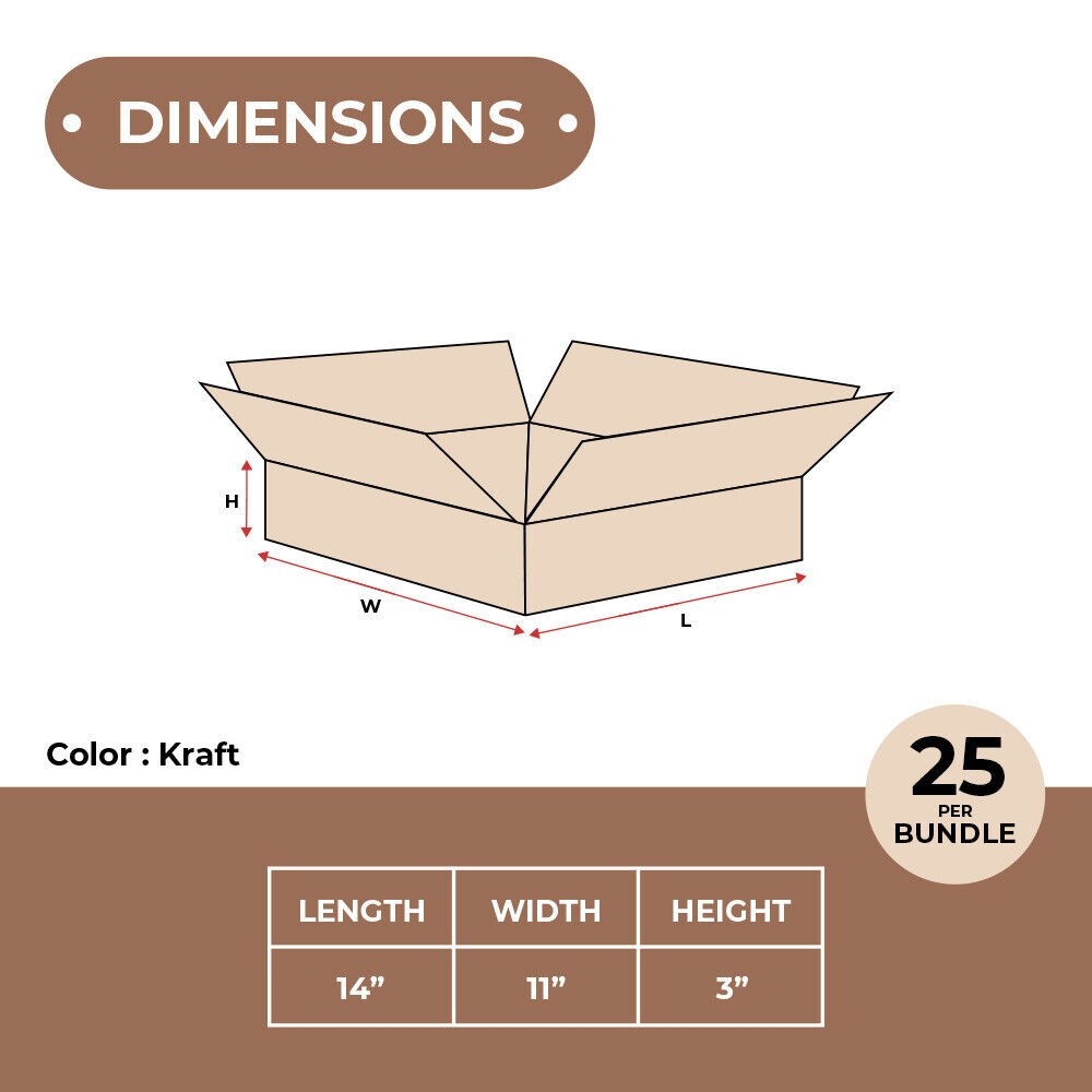 14 x 11 x 3″ Flat Corrugated Boxes, ECT-32 Brown Shipping/Moving Boxes 25/Bundle