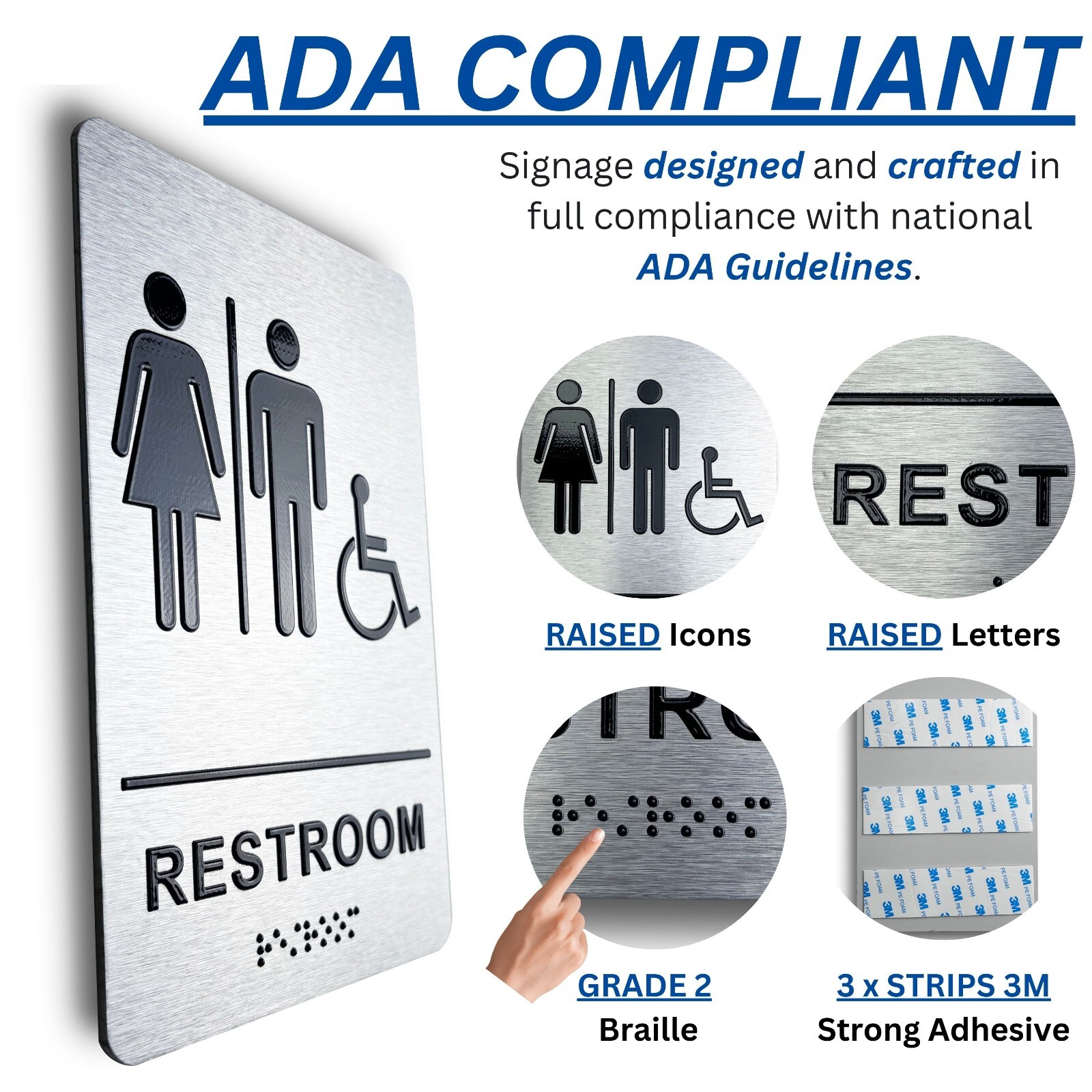 Unisex Restroom Sign with Braille, Aluminum 9 x 6″ ADA Restroom Sign