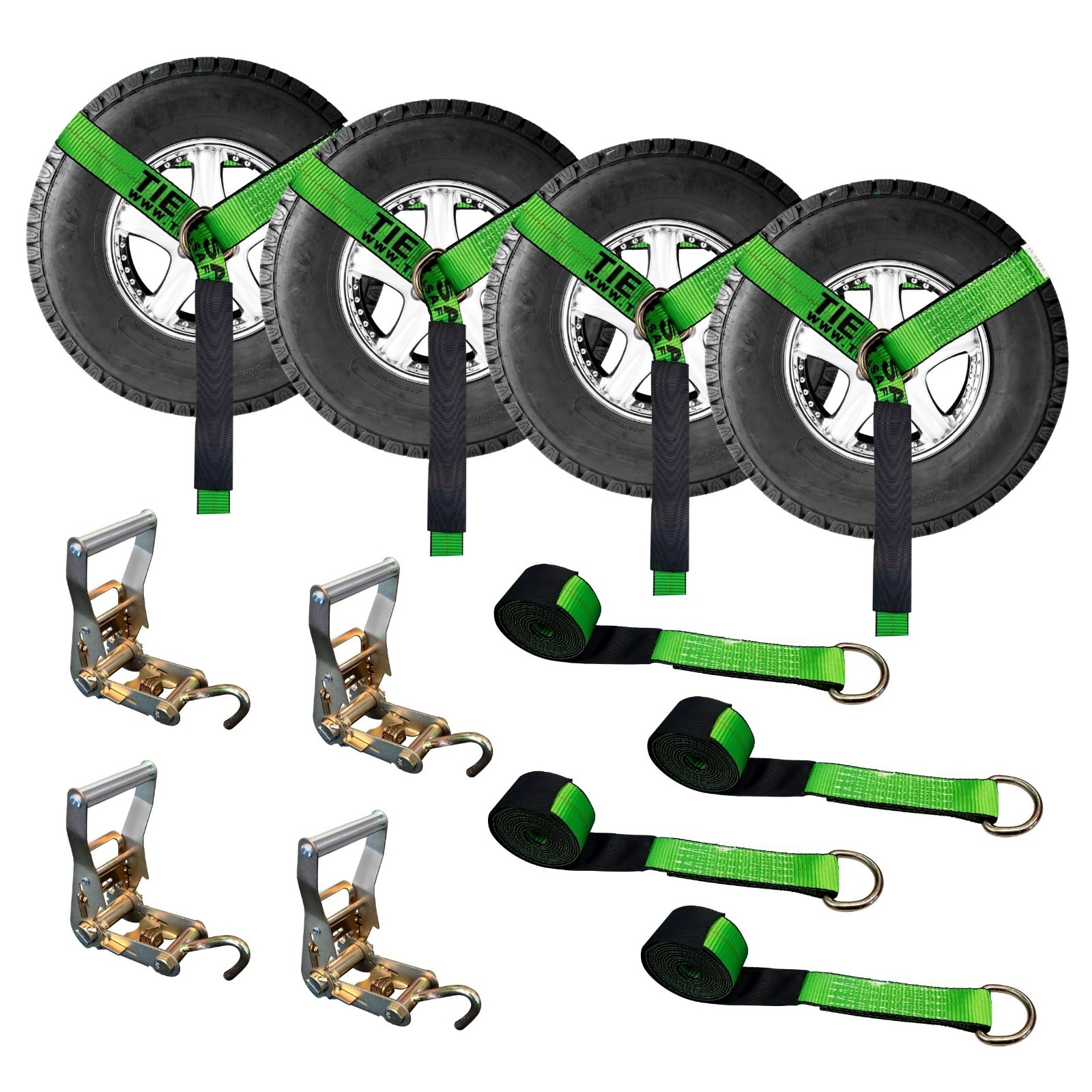 4 Sets 2″ x 10′ Ratchet w/Finger J Hook Wheel Lift Lasso Strap Tow Truck Towing