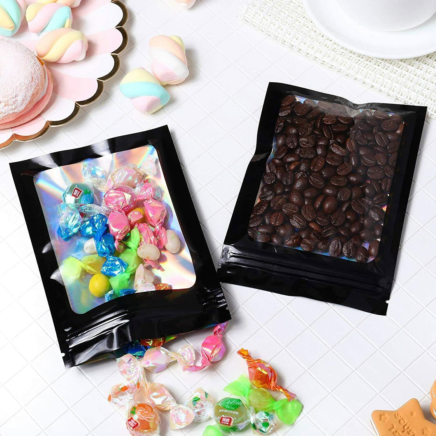 100/200 Pcs Holographic Mylar Foil Bags Resealable Zip Seal Pouches Smell Proof