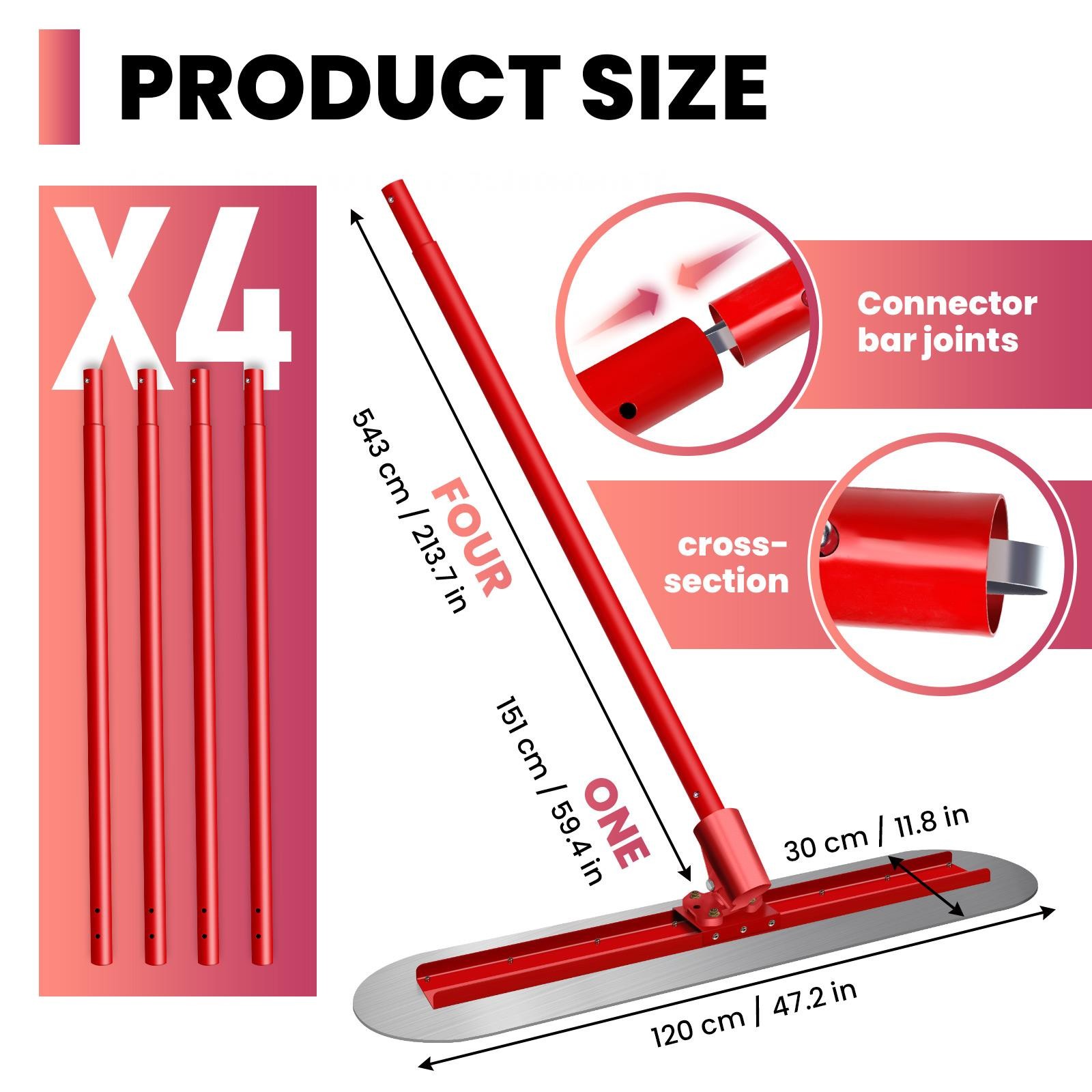 48″x12″ Stainless Steel Bull Float Concrete Tool Trowel Float 4 Handle Round End