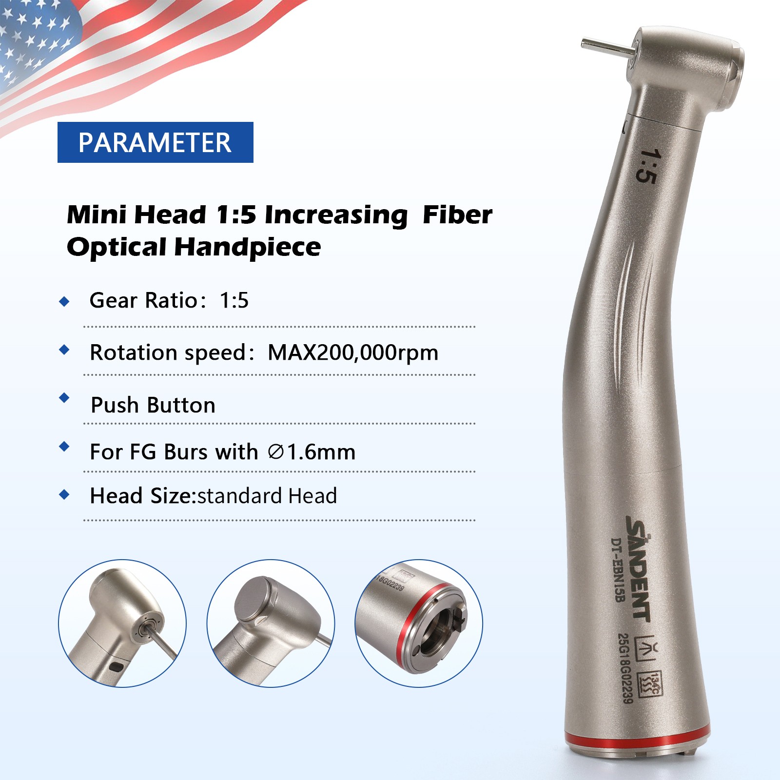 SANDENT 1:5 Increasing Fiber Optic LED Electric Contra Angle Handpiece UPS