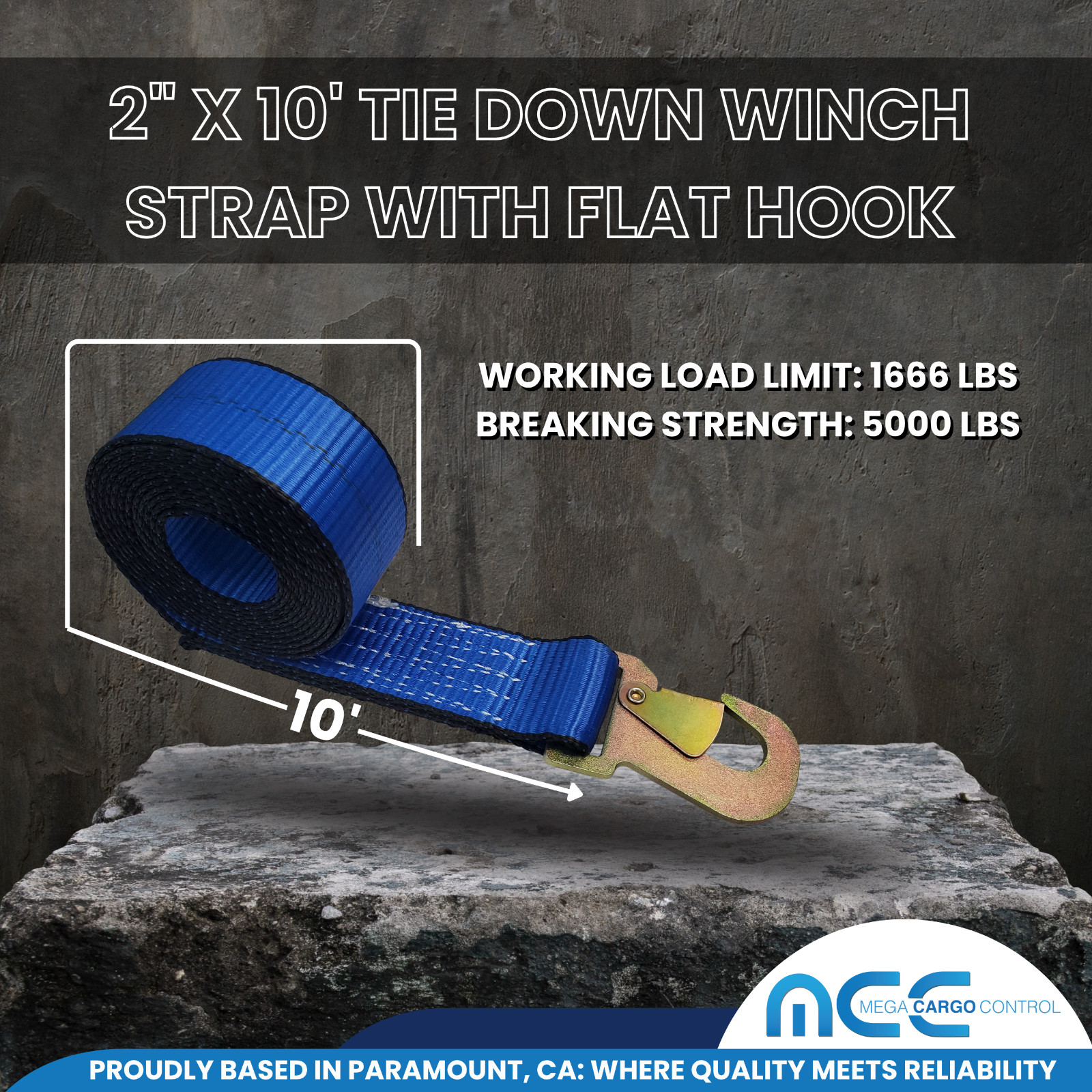 USA 2″ x 10′ Wheel Lift Rollback Strap w/ Flat Snap Hook for Tow Truck Dolly