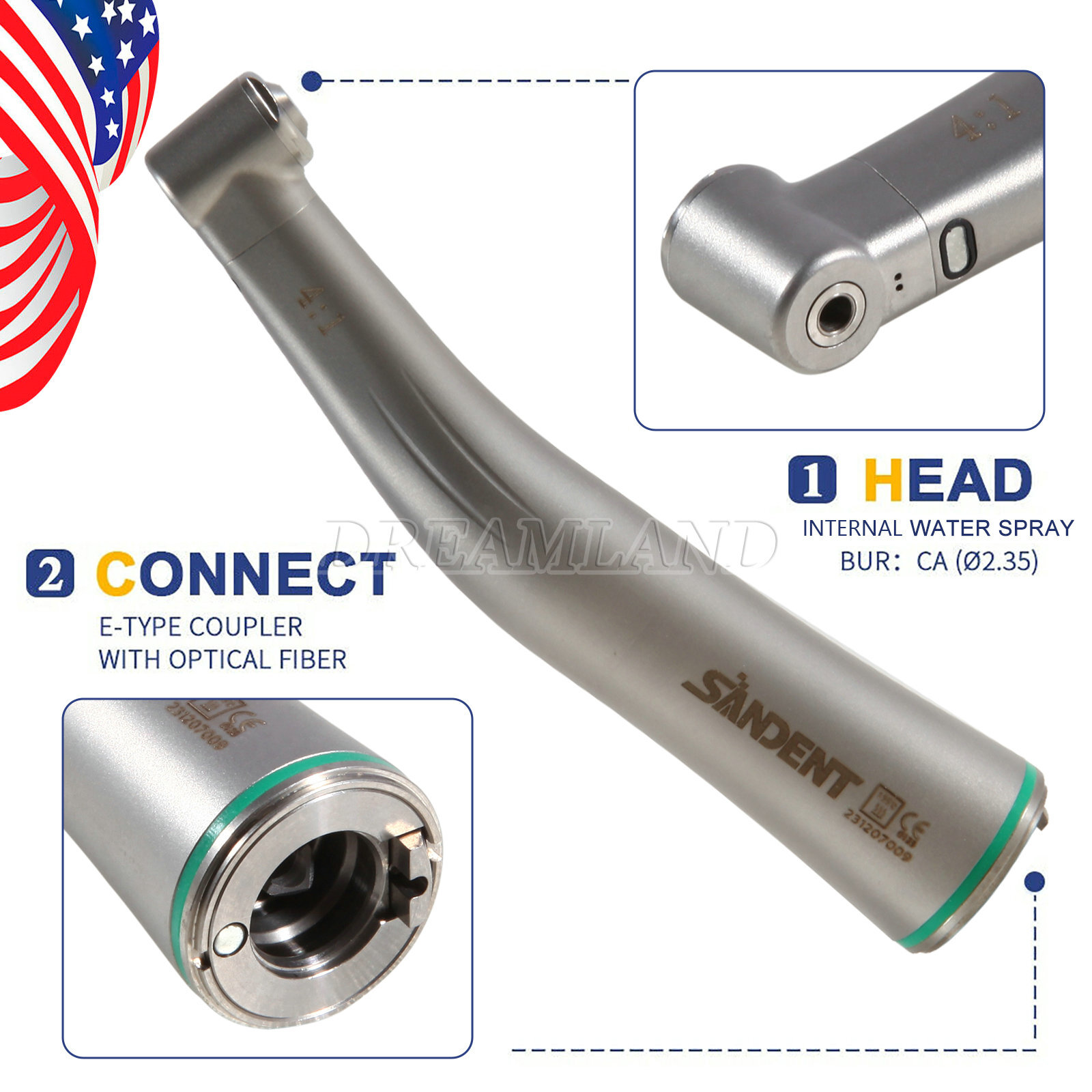 Dental 4:1 LED Fiber Optic Contra Angle Handpiece Quattro Spray Internal Channel