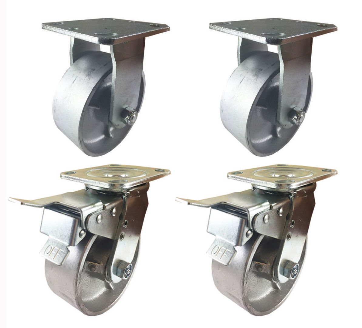 4 Heavy Duty Caster Set 4″ 5″ 6″ 8″ All Steel Wheels Rigid & Total Lock Brake