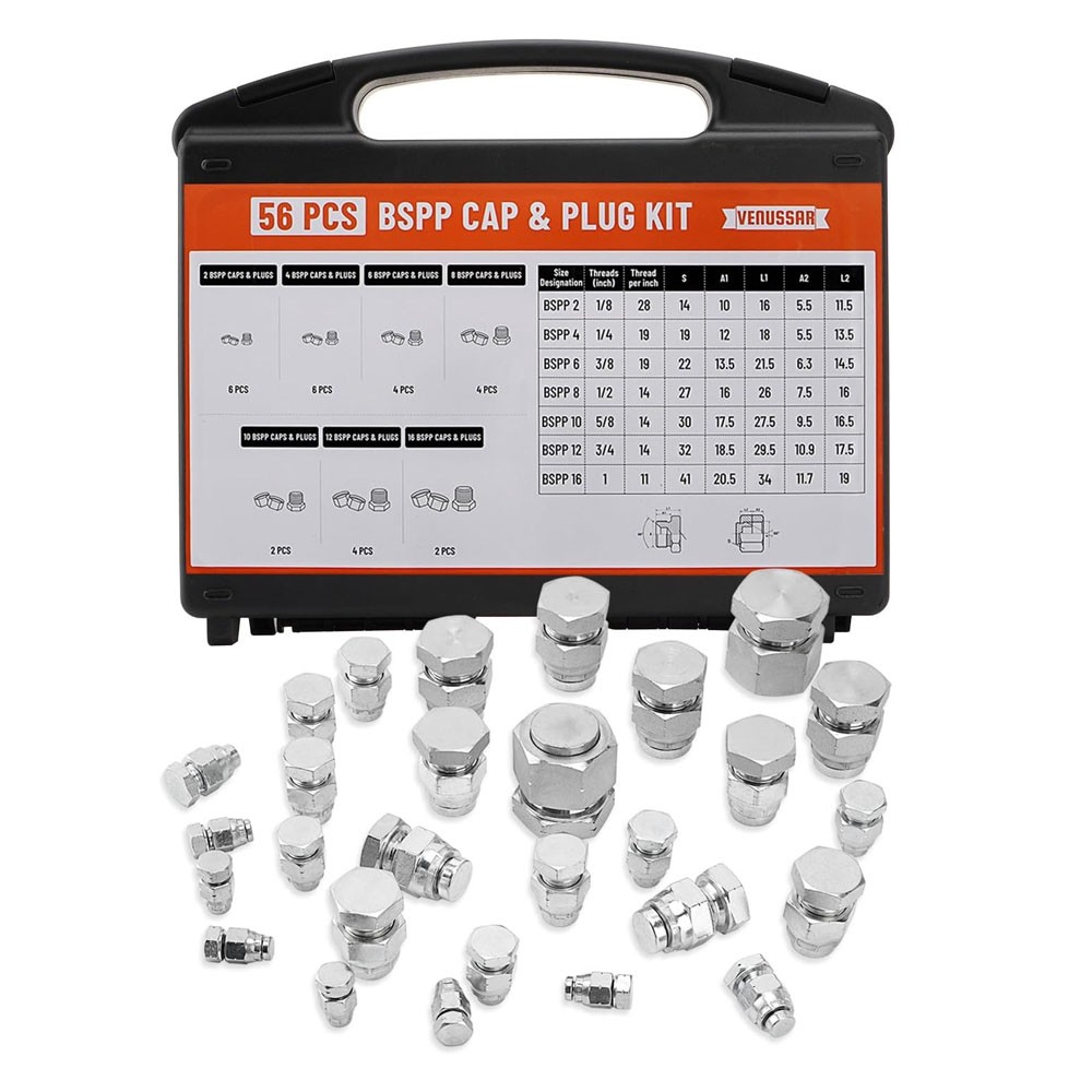 56 PCS BSPP Hydraulic Cap and Plug Kit with Precision Threading Galvanized Steel