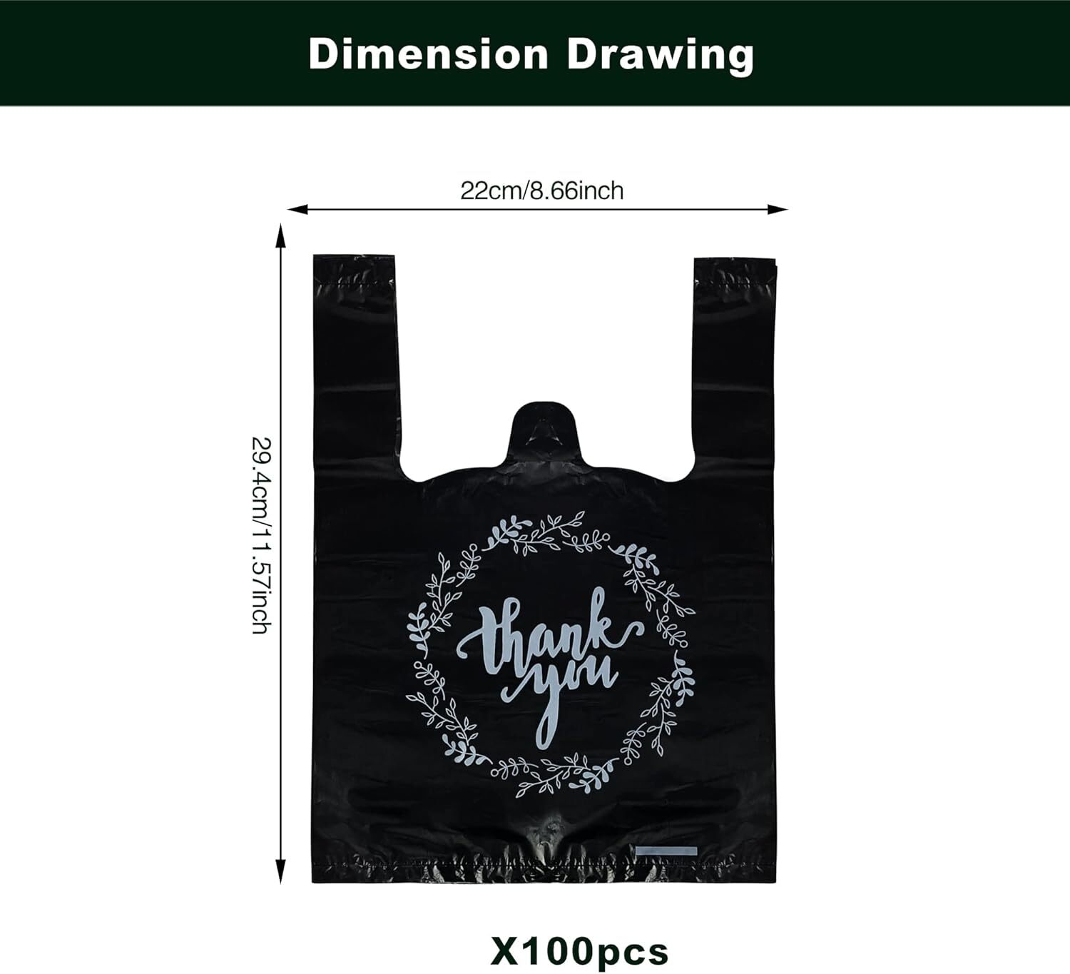 100PCS Black Thank You Bags for T-Shirt Grocery Merchandise Shopping Bags