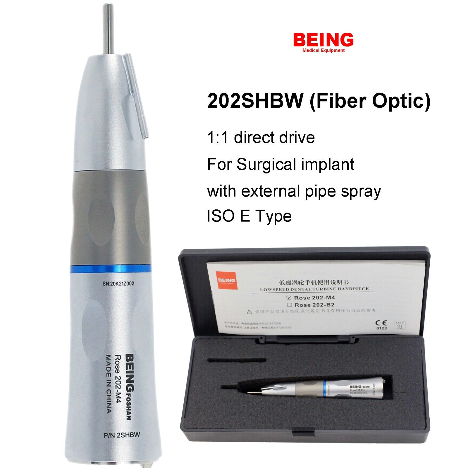 COXO Dental Surgical Straight Handpiece 1:1 Implant Nose Cone Fiber Optic CX235