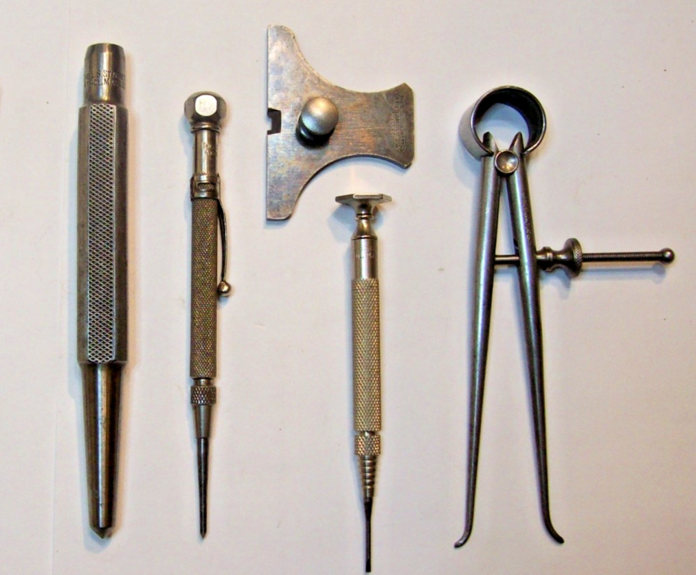 vtg L S Starrett Co. punch, pocket scribe, 4” inside calipers, 237 depth gage