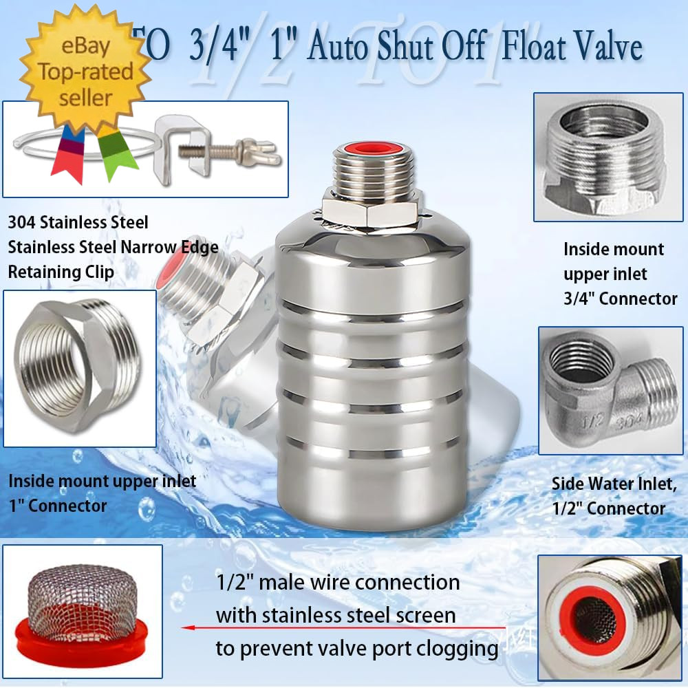 Float Valve,1/2″ to 3/4″ 1” Water Level Control Float Valve, 304 Stainless Stee