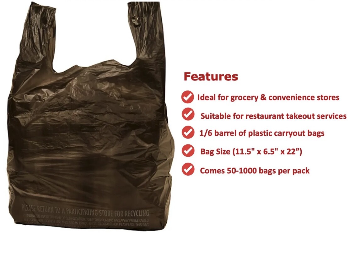 Black T Shirt Bags Plastic Grocery Shopping Carry Out Bag 11.5”x6.5”x22”